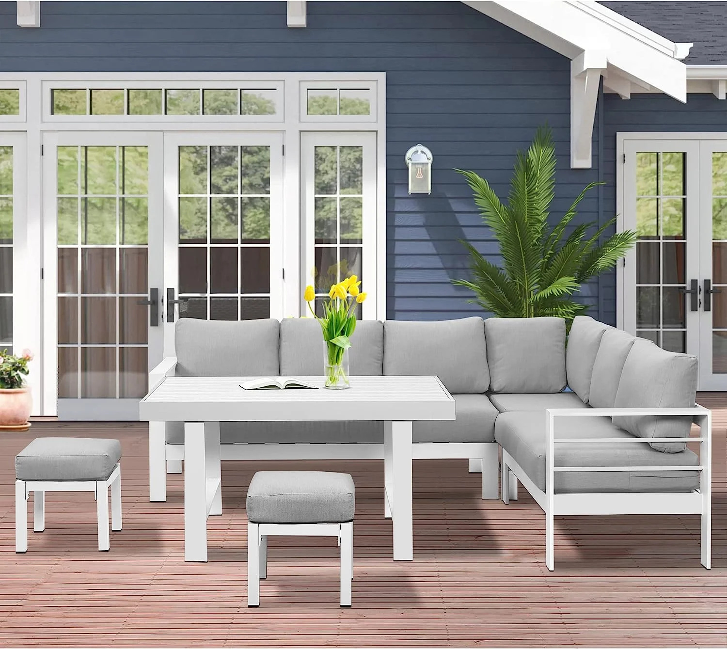 Lane Aluminum Outdoor Patio Furniture Set  Metal Outside Patio Furniture Conversation Sets with Dining Table&2 Ottomans  Sectional Sofa Couch Seating Set with Cushion for Backyard