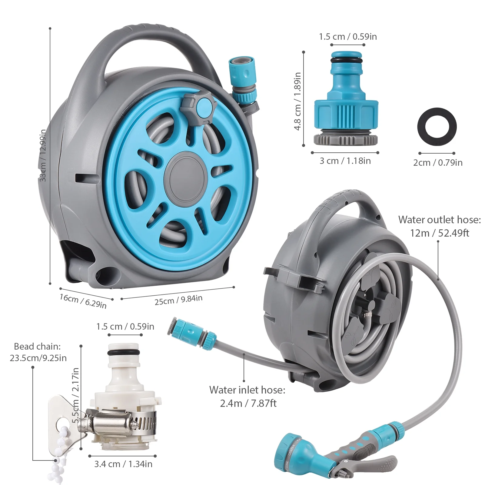 Tomshine Garden Hose Reel with 39 FT Retractable Hose Manual Rewind System, 7 Function Sprayer Nozzle for Car Washing and Watering Needs