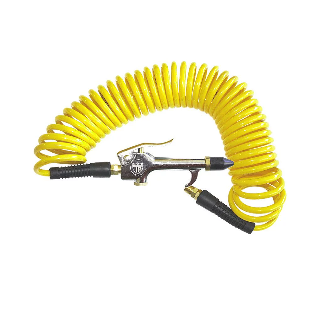 Interstate Pneumatics HR14-012B Yellow Polyurethane Recoil Hose 1/4 Inch x 12 feet Solid Fittings + Gun