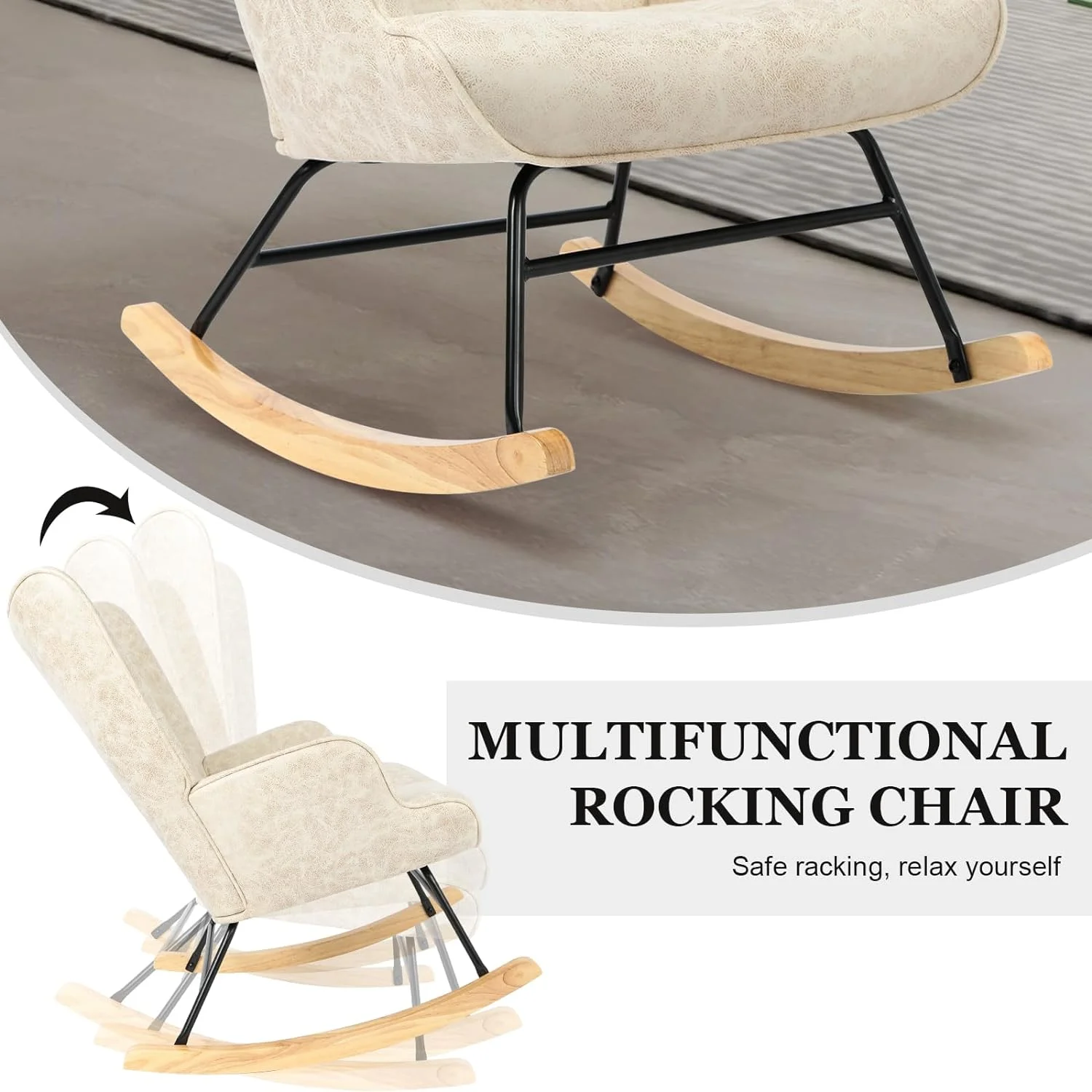 SQWERD Rocker Glider Chair Modern Nursery Rocking Chair PU Leather  with Wooden Base High Backrest and Armrests Padded Seat Comfy Upholstered  Chair   Room Bedroom Office Brown