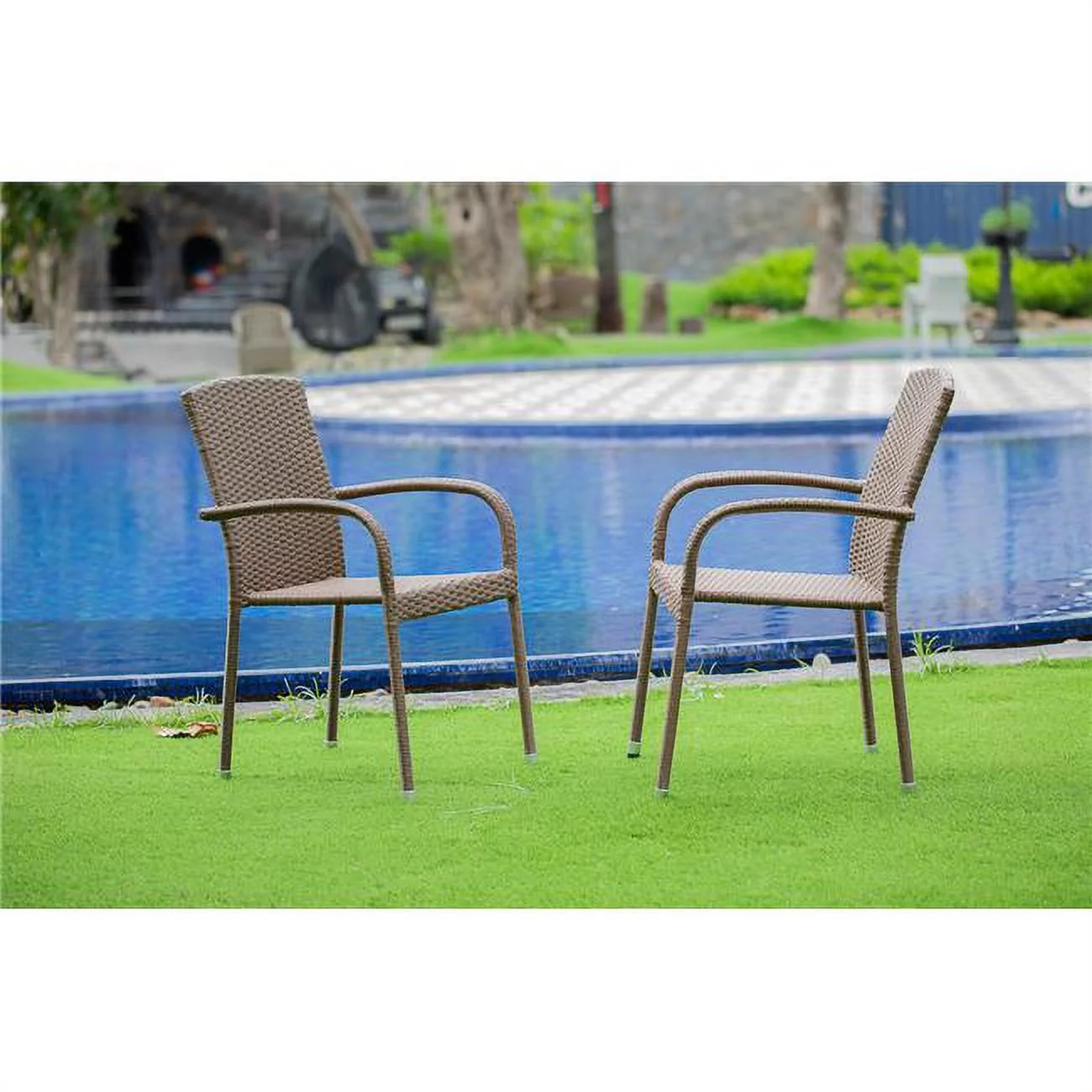 Jubi Patio Chair with Cushion, Brown Wicker & Beige Cushion - Set of 2