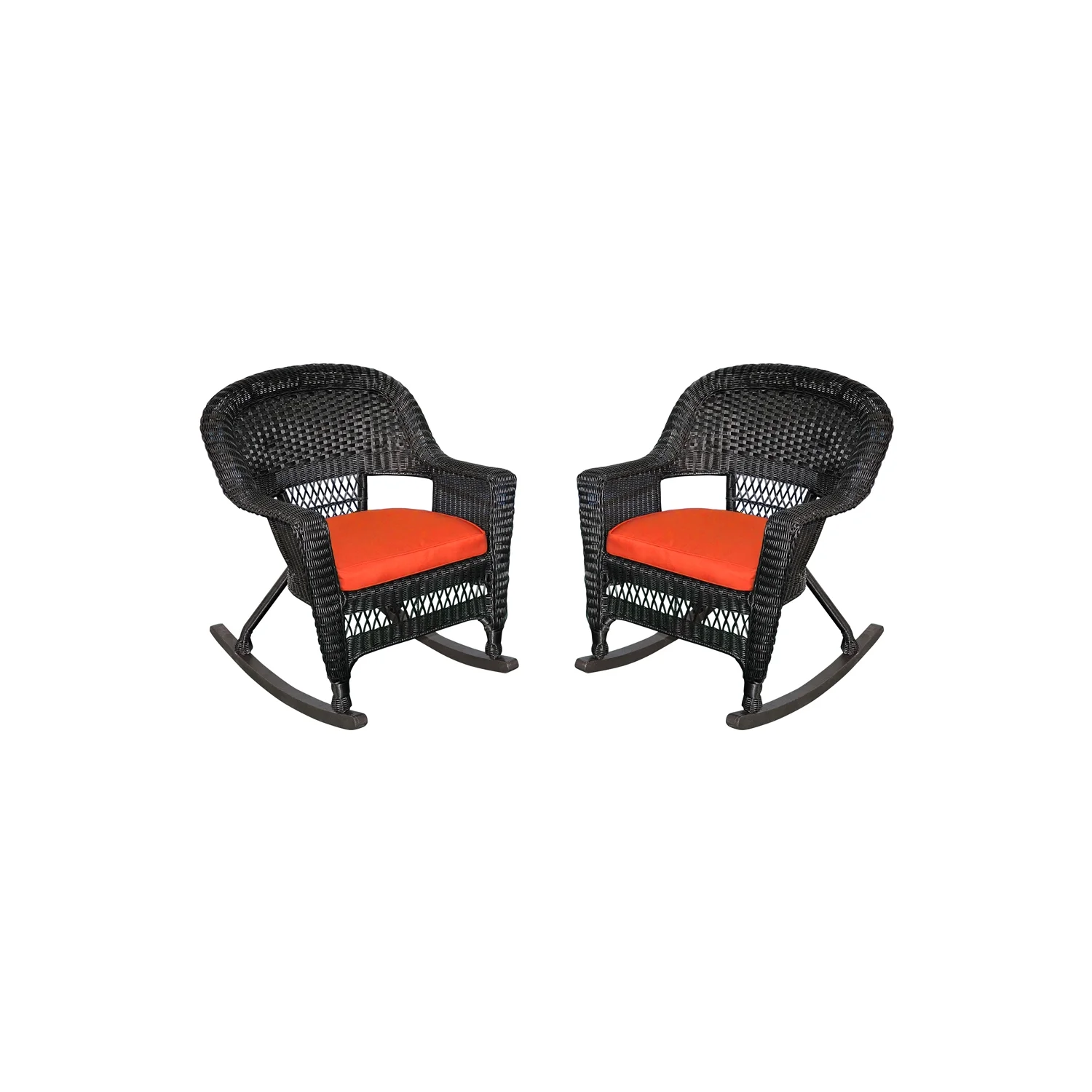 Jeco Black Rocker Wicker Chair with Brick Red Cushion - Set of 2