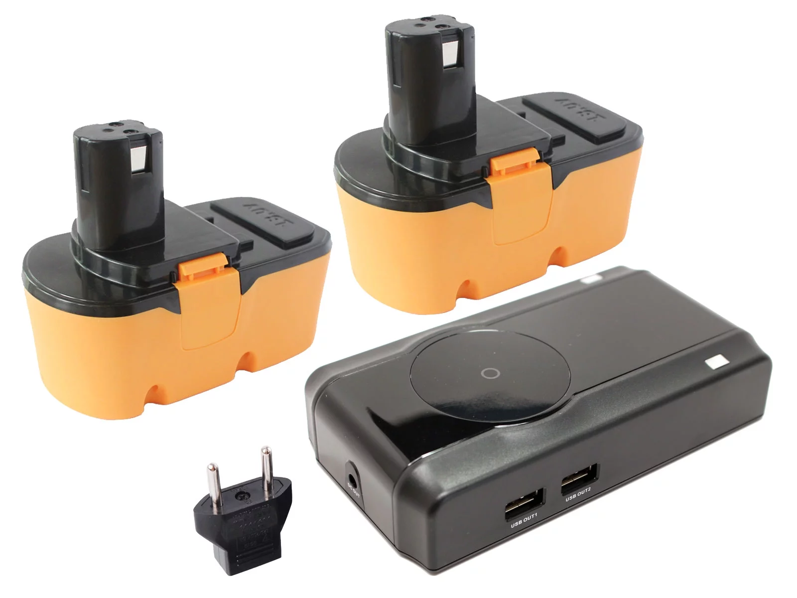 2-Pack Ryobi P301 Battery + Charger + EU Adapter - Replacement Ryobi 18V Battery, Charger and EU Adapter (1300mAh, NICD)