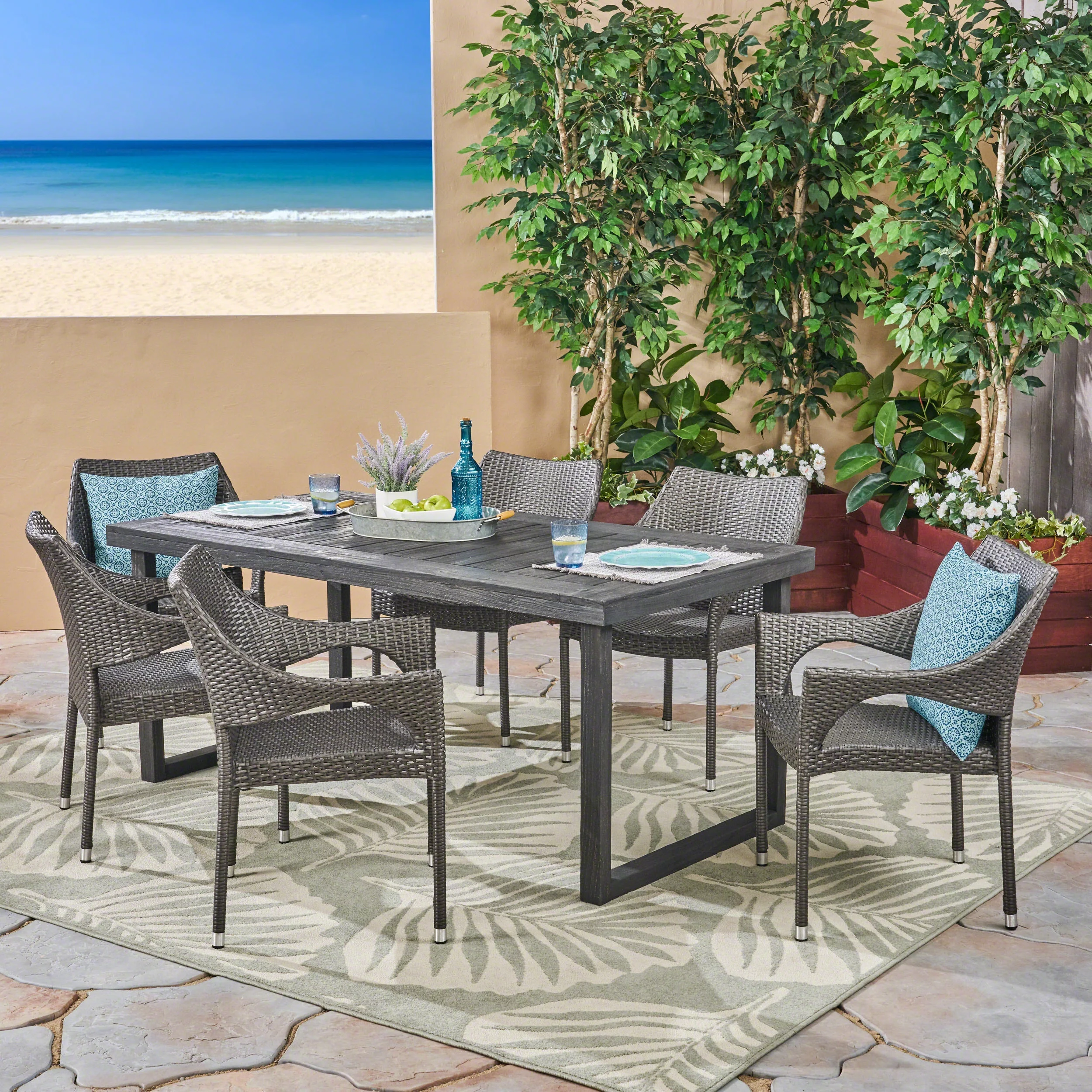 Noble House Lecanto 7 Piece Wooden Patio Dining Set in Gray