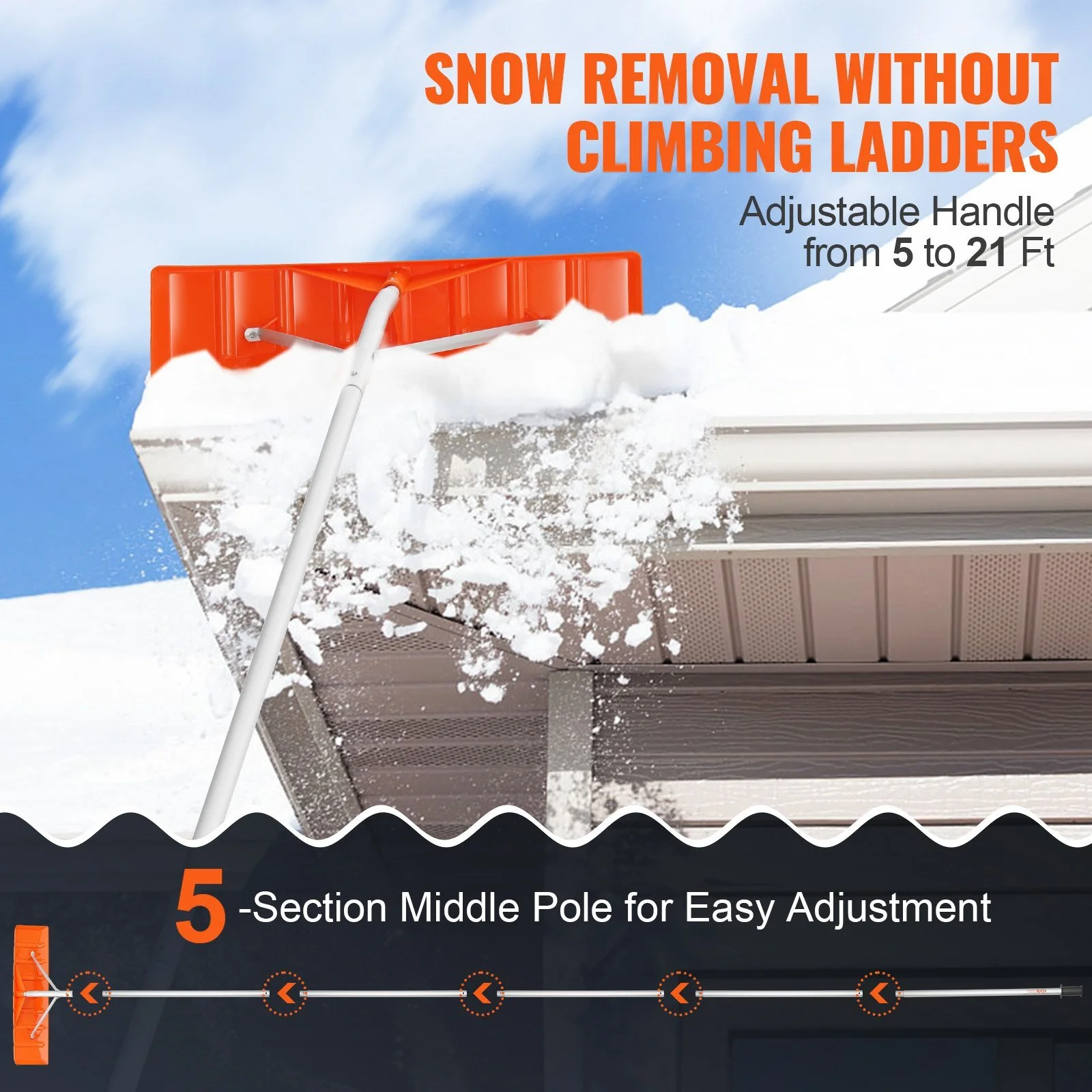 Snow Roof Rake with Plastic Blade and Aluminium Handle - 3.7 - Versatile Snow Removal