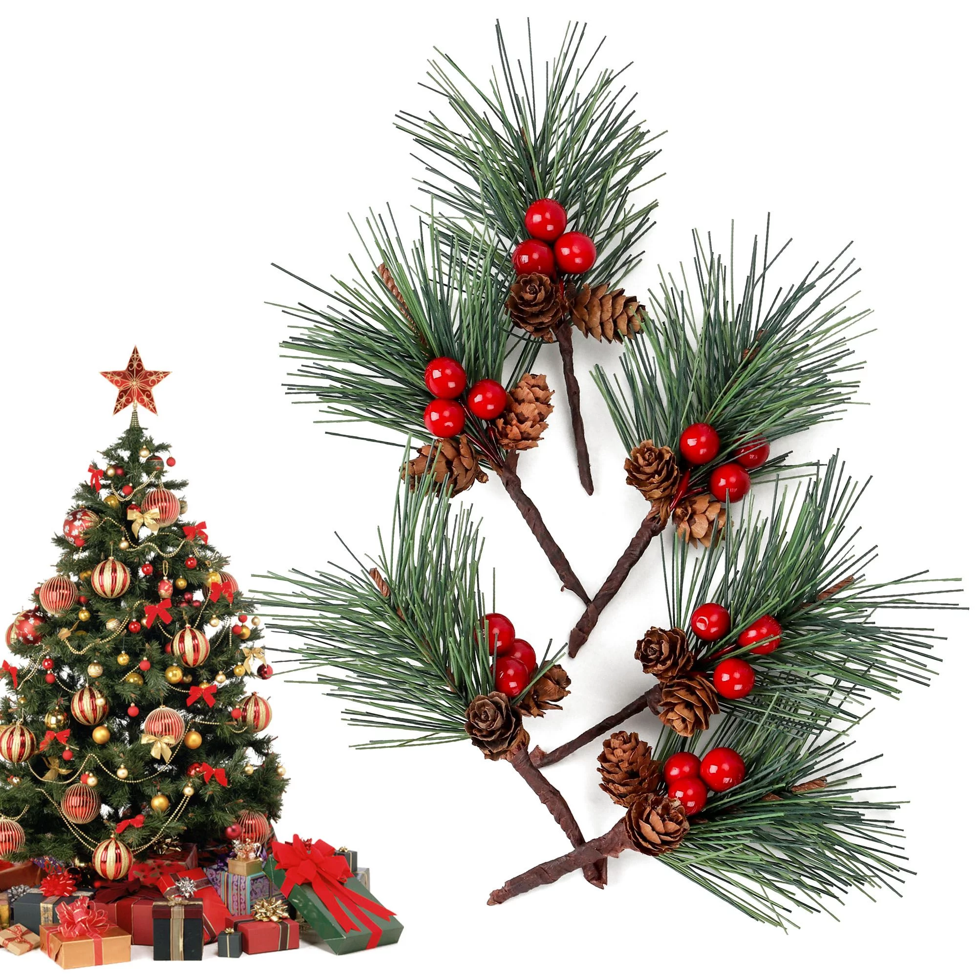 Luxtrada 12 Pack Christmas Artificial Pine Needles/Picks Decoration Pine Needle Berry Stem Artificial Pine Tree for Christmas Flower Arrangements Wreaths and Holiday Decor, Red