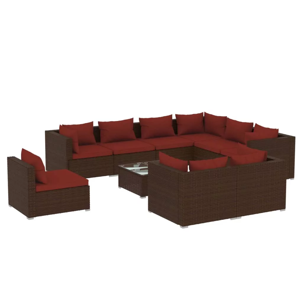 Carevas 10 Piece Patio Set with Cushions Poly Rattan Brown