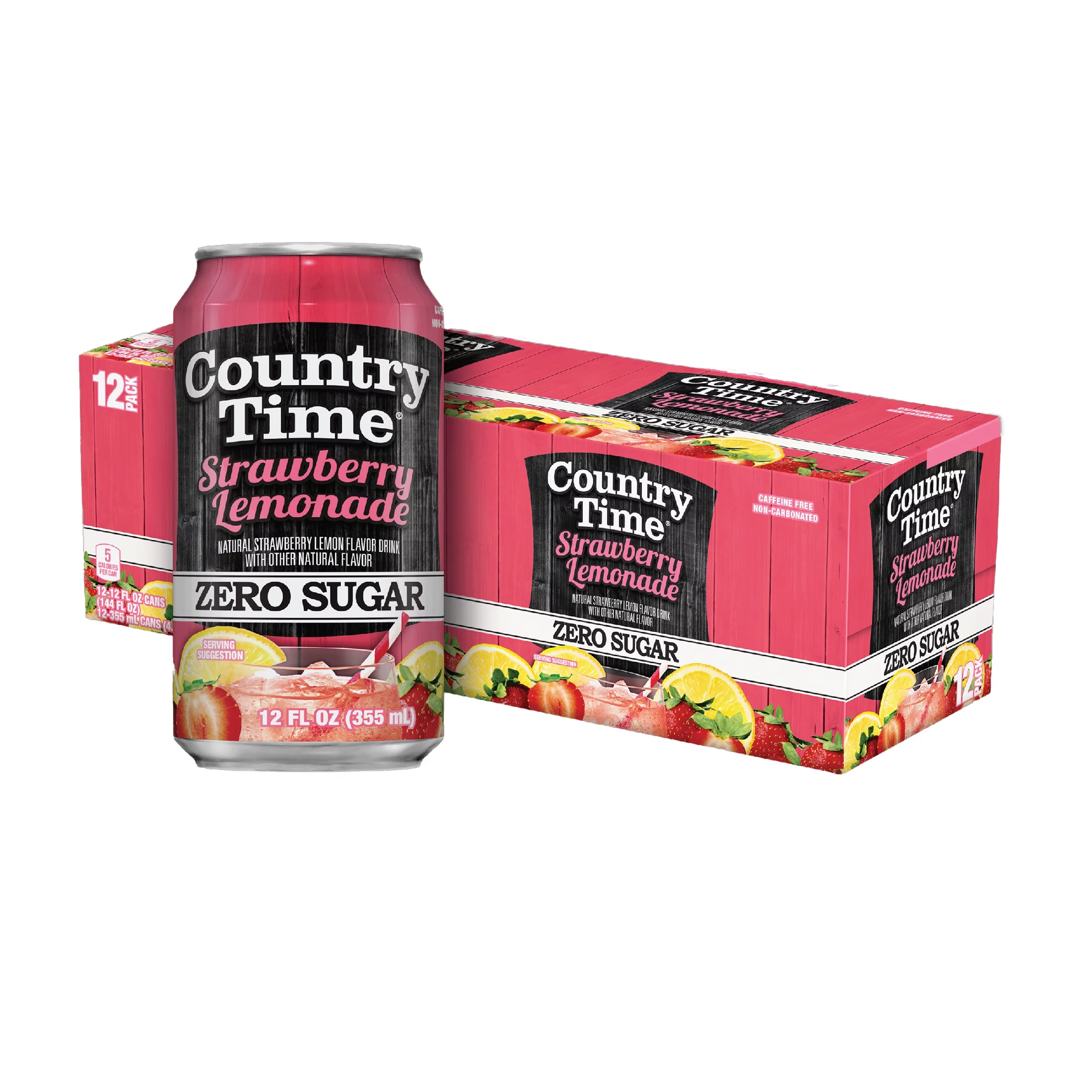 Country Time Zero Sugar Strawberry Lemonade Fruit Juice 12 fl oz, 12 Pack Cans
