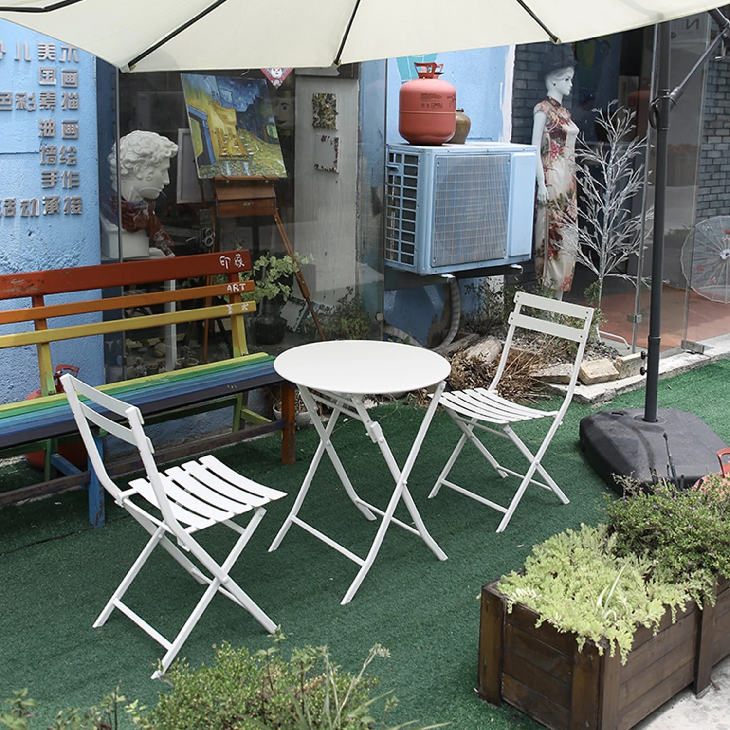 3 Piece Patio Bistro Set of Foldable Round Table and Chairs  White