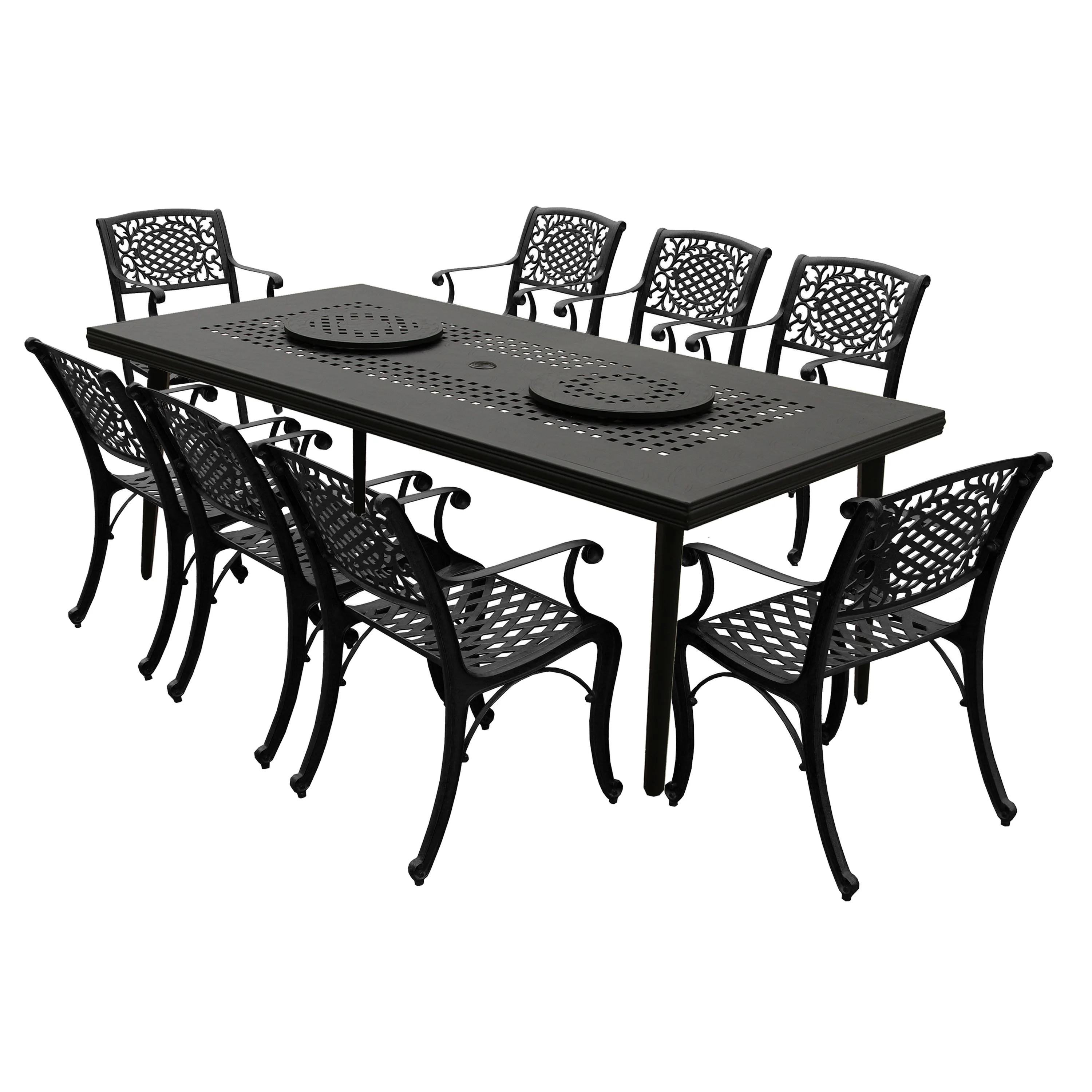 Aluminum 9pc Rectangular Patio Dining Set, Lazy Susans, Eight Chairs