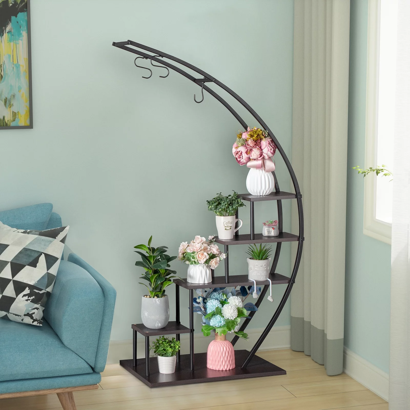 Iron Wood Semicircle Plant Stand - 5 Layers, Suitable for Garden, Balcony, or Patio Decor