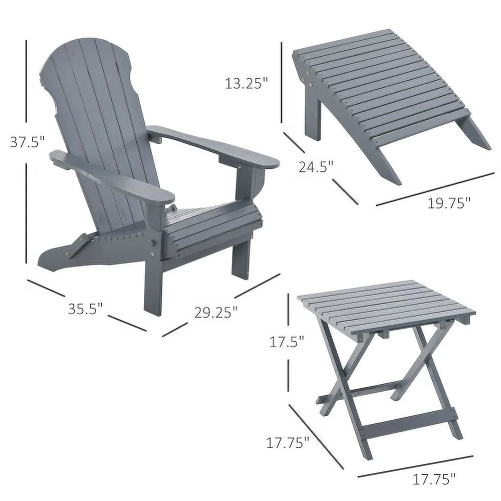 LEIYEHOOM 3-Piece Folding Adirondack Chair with Ottoman and   Outdoor Wooden Fire Pit Chairs w/ High-back  Wide Armrests for Patio  Backyard  Garden  Lawn   Gray