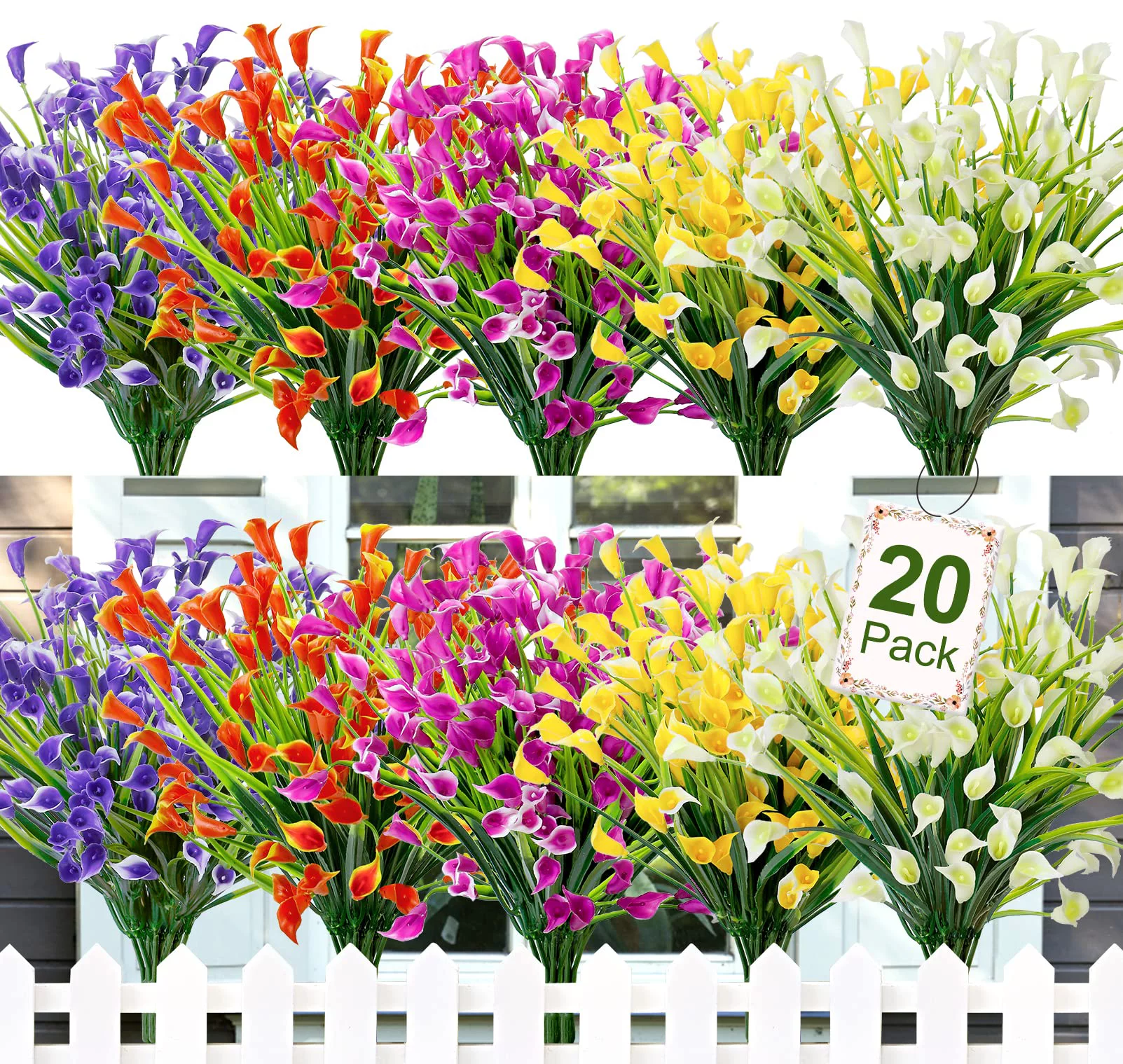 20 Bundles Artificial Calla Lily Flowers for Outdoors, UV Resistant Faux Fake Plants Plastic Spring Summer Flower Indoor Outside Hanging Planter Home Garden Porch Decor (Mix)