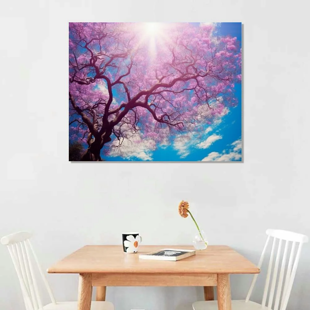 PRATYUS Wall Art Canvas of Blue Sky Cherry Blossom Pink Sun Leaf Tree Living Room Home Mural Paintin Canvas Painting Posters And Prints Wall Art Pictures for Living Room Bedroom Decor 20x16 Inch