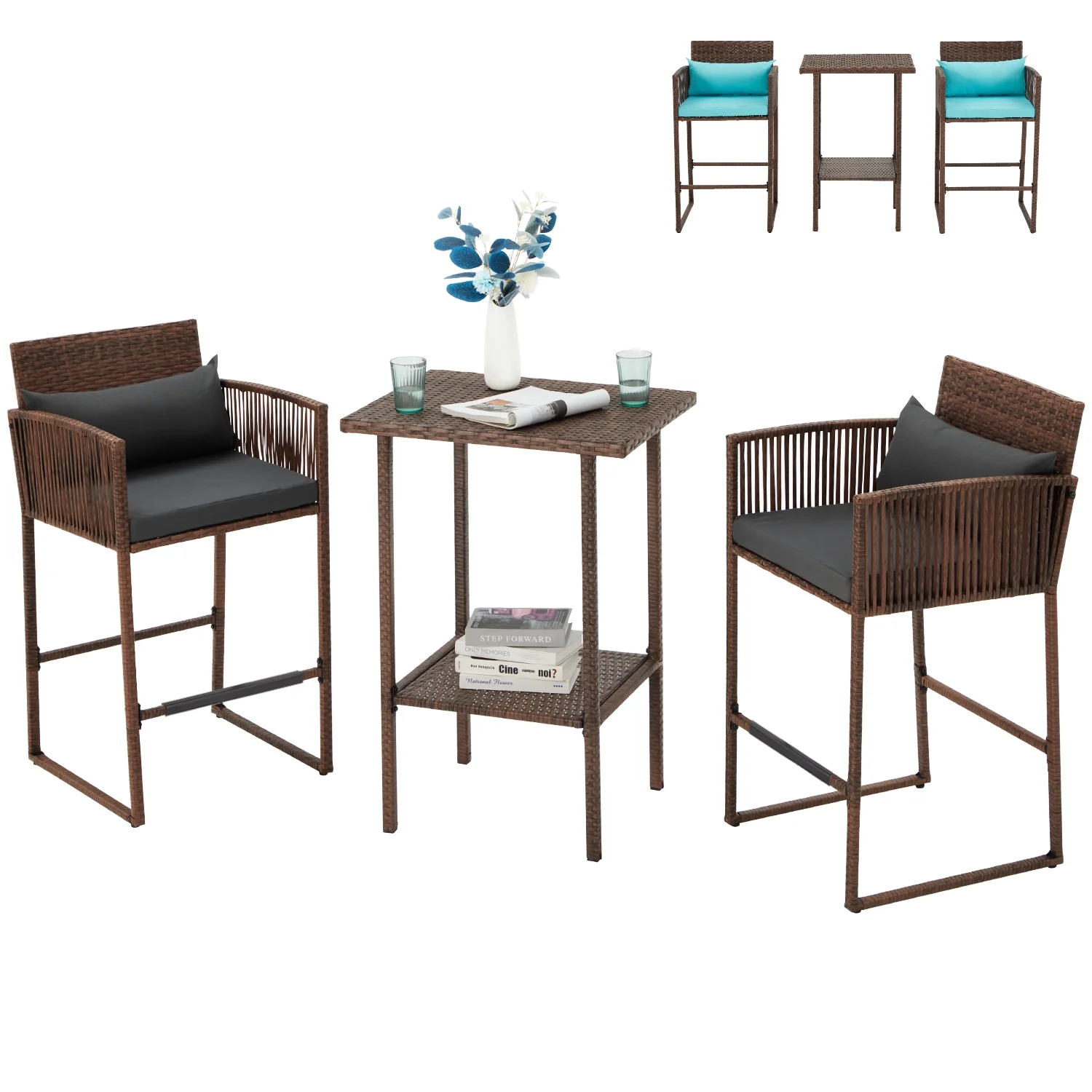 AVAWING 3PCS Patio Wicker Bistro Bar Set w/ Extra Cushion Covers, 2 People, Dark Gray/Turquoise