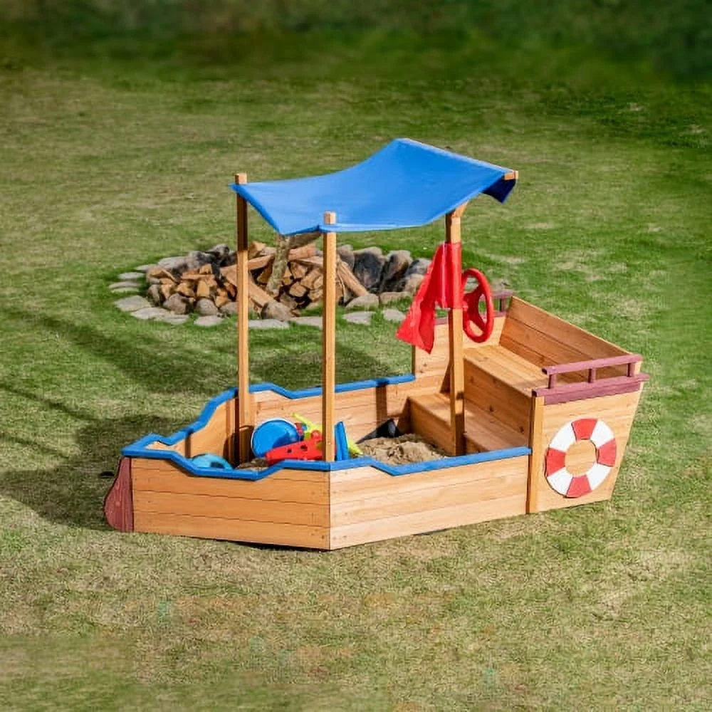 Buumin Outsunny Pirate Ship Sandbox with Cover and Rudder, Wooden Sandbox with Storage Bench and Seat, Outdoor Toy for Kids Ages 3-8 Years Old