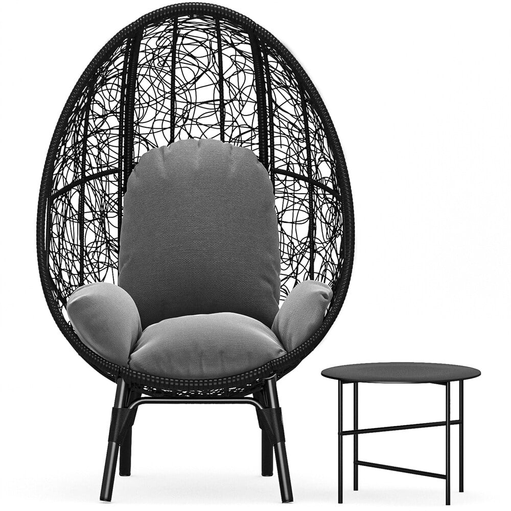 DEELIGHT PE Wicker Egg Chair with Cushion and Side Table Black