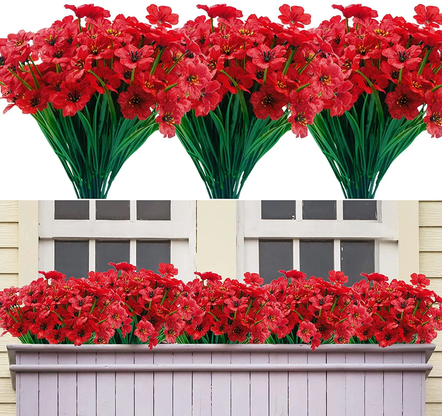 6PCS Artificial Fake Flowers Outdoor, UV Resistant No Fade Faux Plastic Shrubs Flowers for Garden Patio Porch Window Box Indoor Wedding Farmhouse Hanging Planter Home Décor (Red)