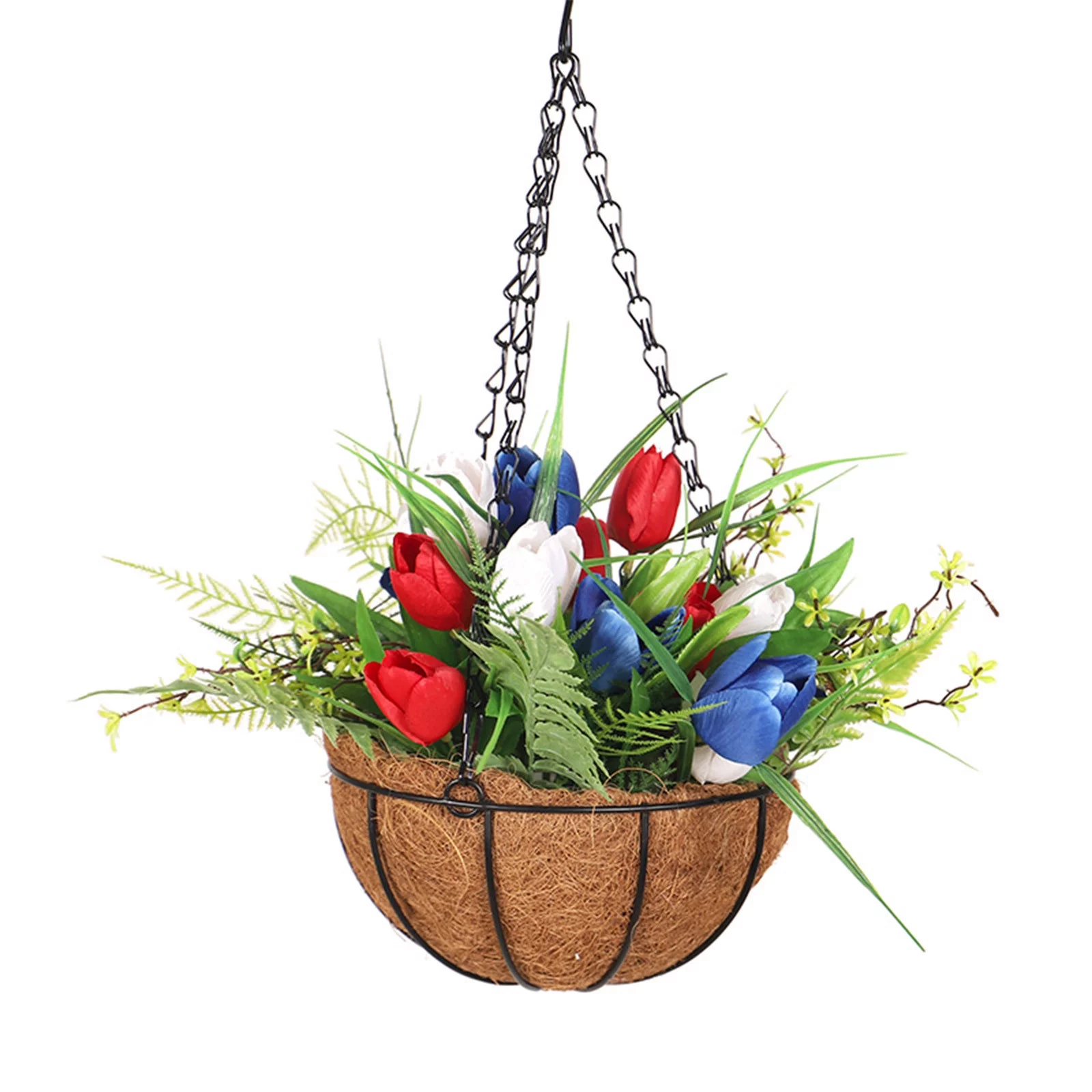 Back to School Savings! Feltree American Lndependence Day, Basket of Artificial Flowers for Patio Garden Decoration, Coconuts Lined Hanging Basket of Red, White and Blue Tulips for Indoor And