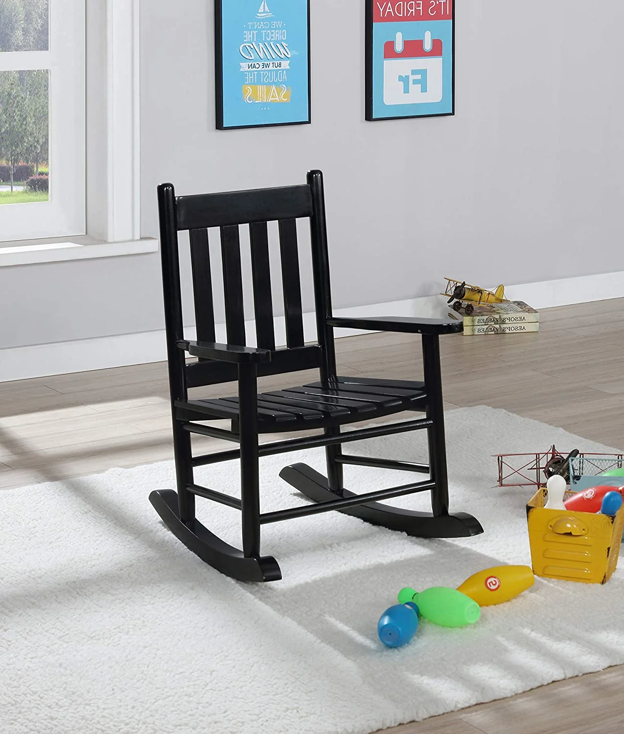 CHIDSL TUIONMJ TUIONMJ Country Farmhouse TUIONMJ Solid Wood Rocking Chair Slat Back Black 609451