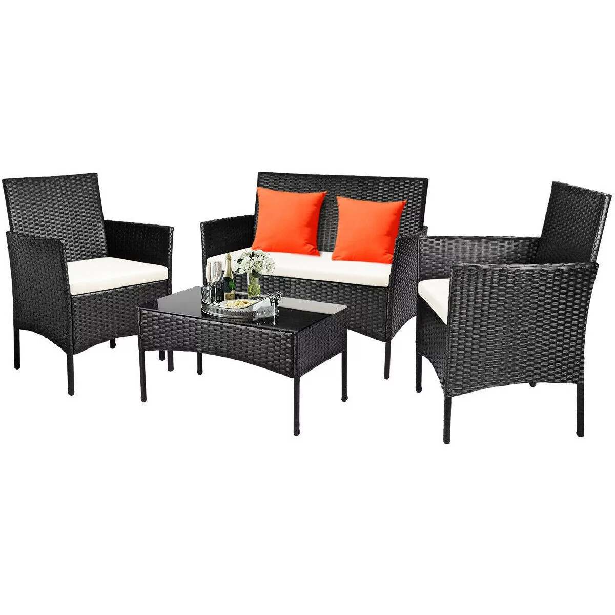 4-Piece Patio Conversation Sofa Set Rattan Wicker Sofa Set with Tempered Glass Coffee Table