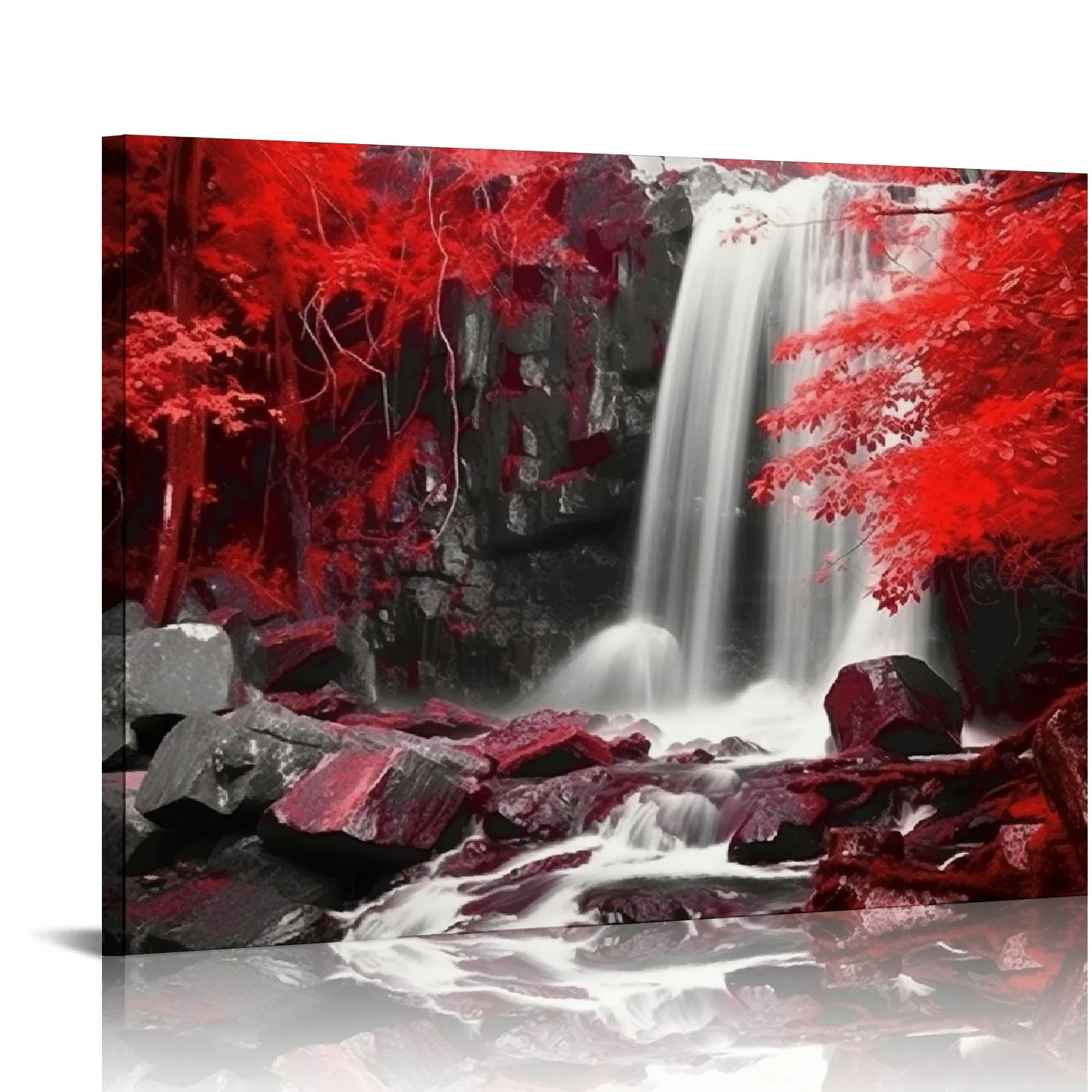 JRXY Forest Canvas Wall Art Red and Black Bathroom Wall Decor Fall Pictures Mountain Waterfall Landscape Poster Tropical Tree Painting Nature Scenery Artwork for Living Room Home Decorations 16x12in