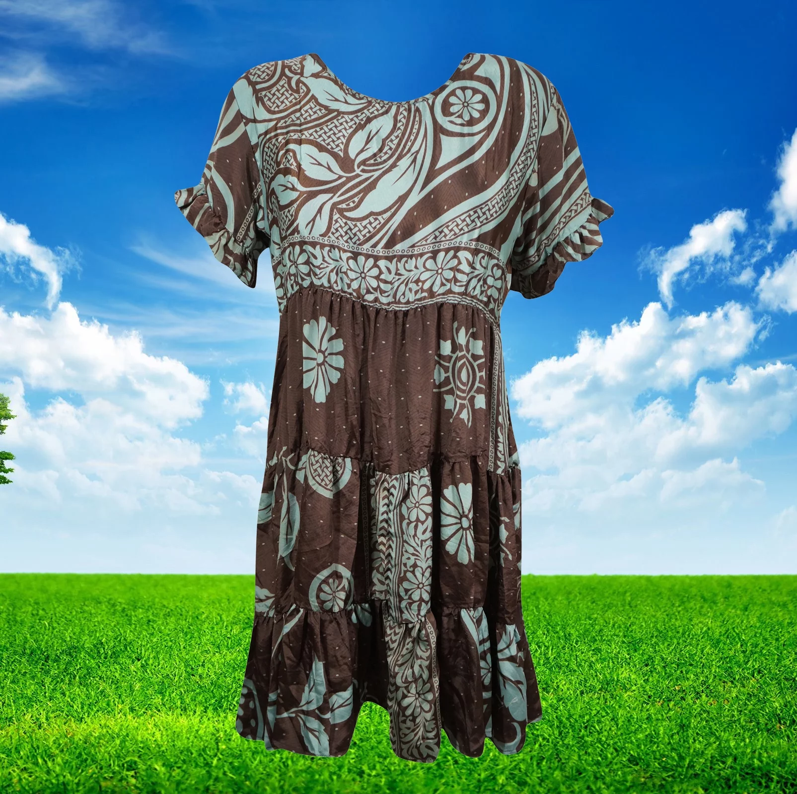 Copper Berry Floral Dress, Beach Boho Dress, Flowy, Recycle Silk, Summer, Short Dresses for women - Handmade, Daydress, M