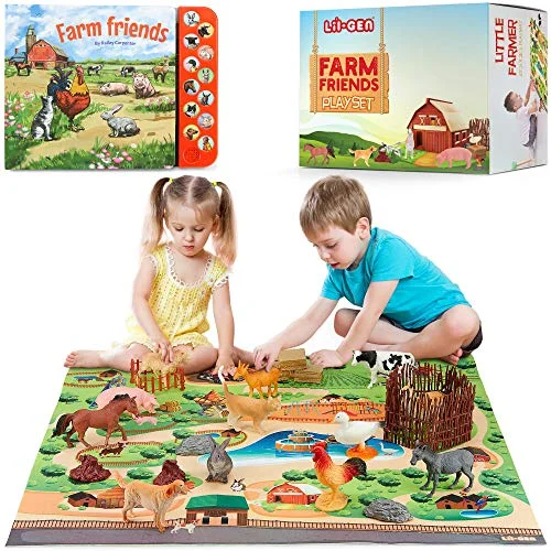 Lil-Gen Farm Animals with Farm Animal Sound Book, 12 Toy Figures with Playmat and Farm Accessories for Toddlers - Farm Playset for Boys and Girls 2 Years Old & Up (22 Piece Set)