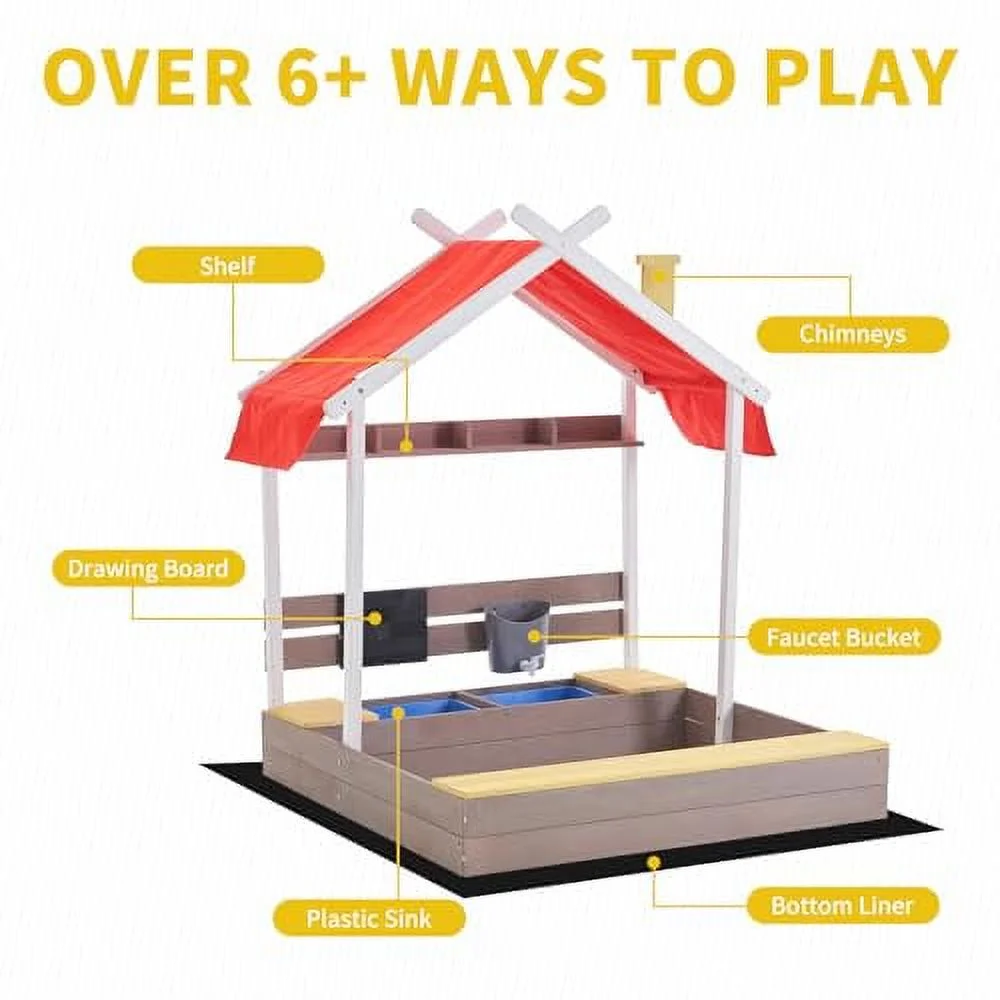 Kids Wooden Sandbox with Cover, 45'' Pipleo Outdoor Sand Box Play with Lid, Drawing Board, Sink, Shelf, Kids Sand Boxes for Backyard Garden Beach, Children Playset Sandpit (Natural Wood)