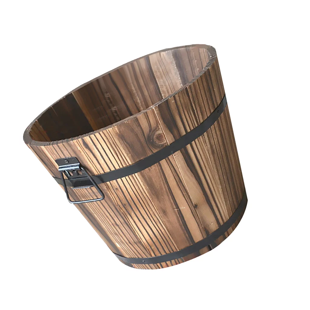 Wooden Bucket Pot Flower Planter Barrel patio and garden Outdoor Home Decor #1 M Round Top_M