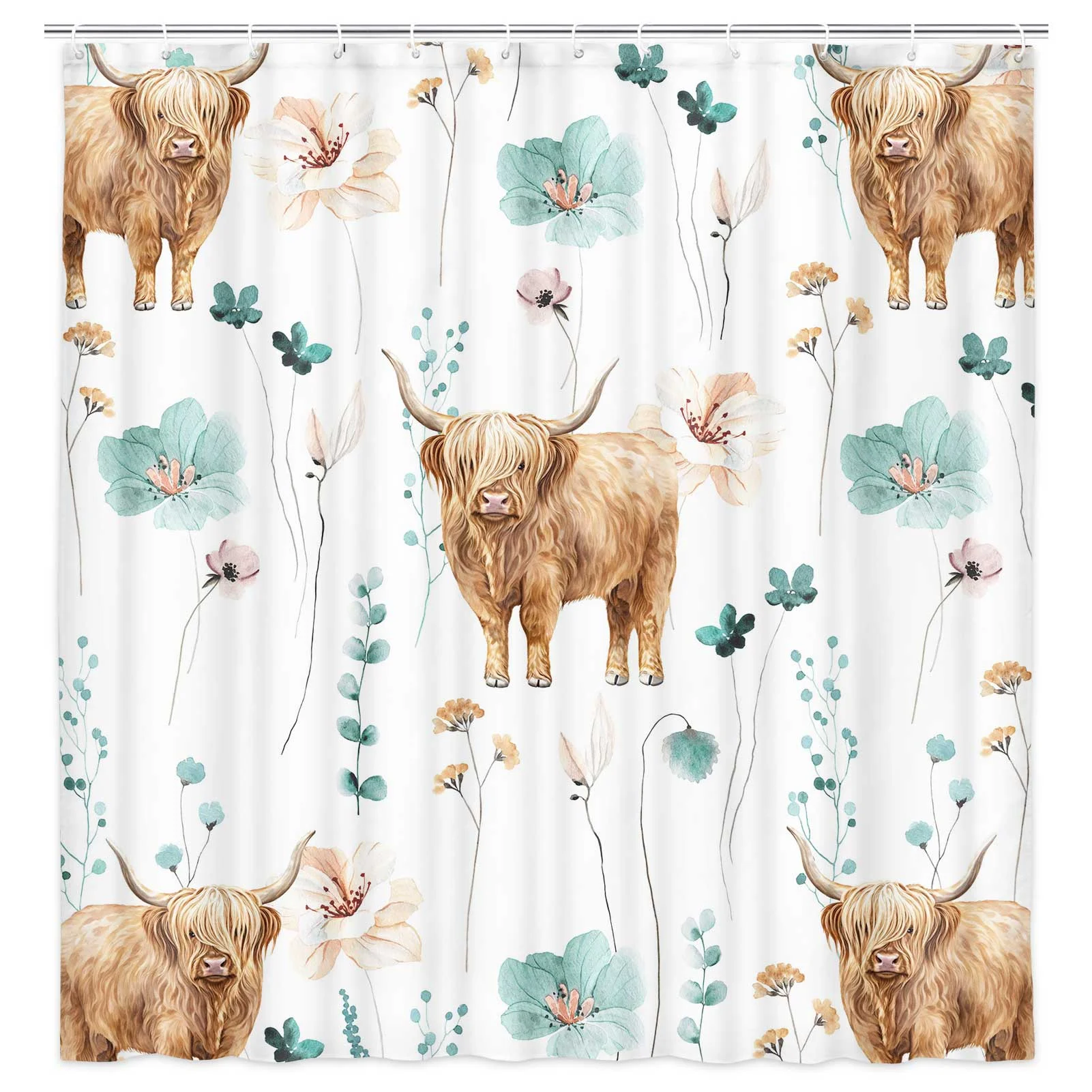 Watercolor Floral Shower Curtain, Rustic Farmhouse Funny Highland Cow Teal Beige Flower Shower Curtain for Bathroom, Modern Minimalist White Bathroom Accessories with 12PCS Hooks, 72X72IN