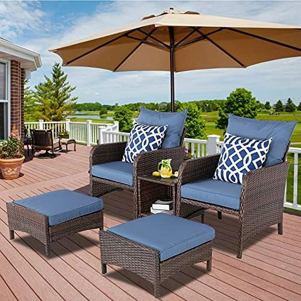 LNSETGC 5 Piece Patio Conversation Set Balcony  PE Wicker Rattan Outdoor Lounge Chairs with Cushions and 2 Ottoman Glass Table for Porch  Lawn (Sapphire Blue)