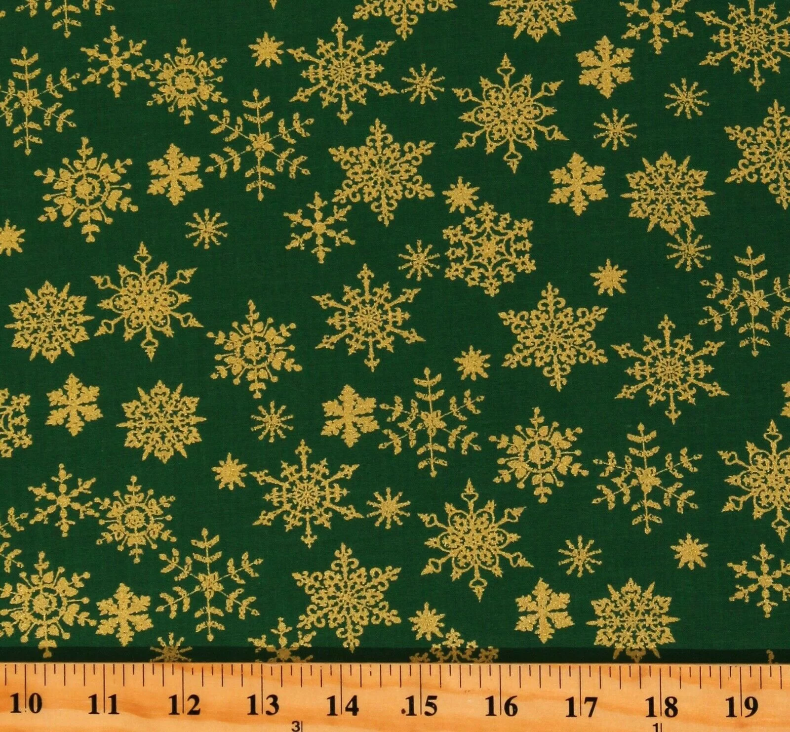 Cotton Holly Jolly Christmas Winter Metallic Gold Snowflakes on Green Cotton Fabric Print by the Yard (109101)