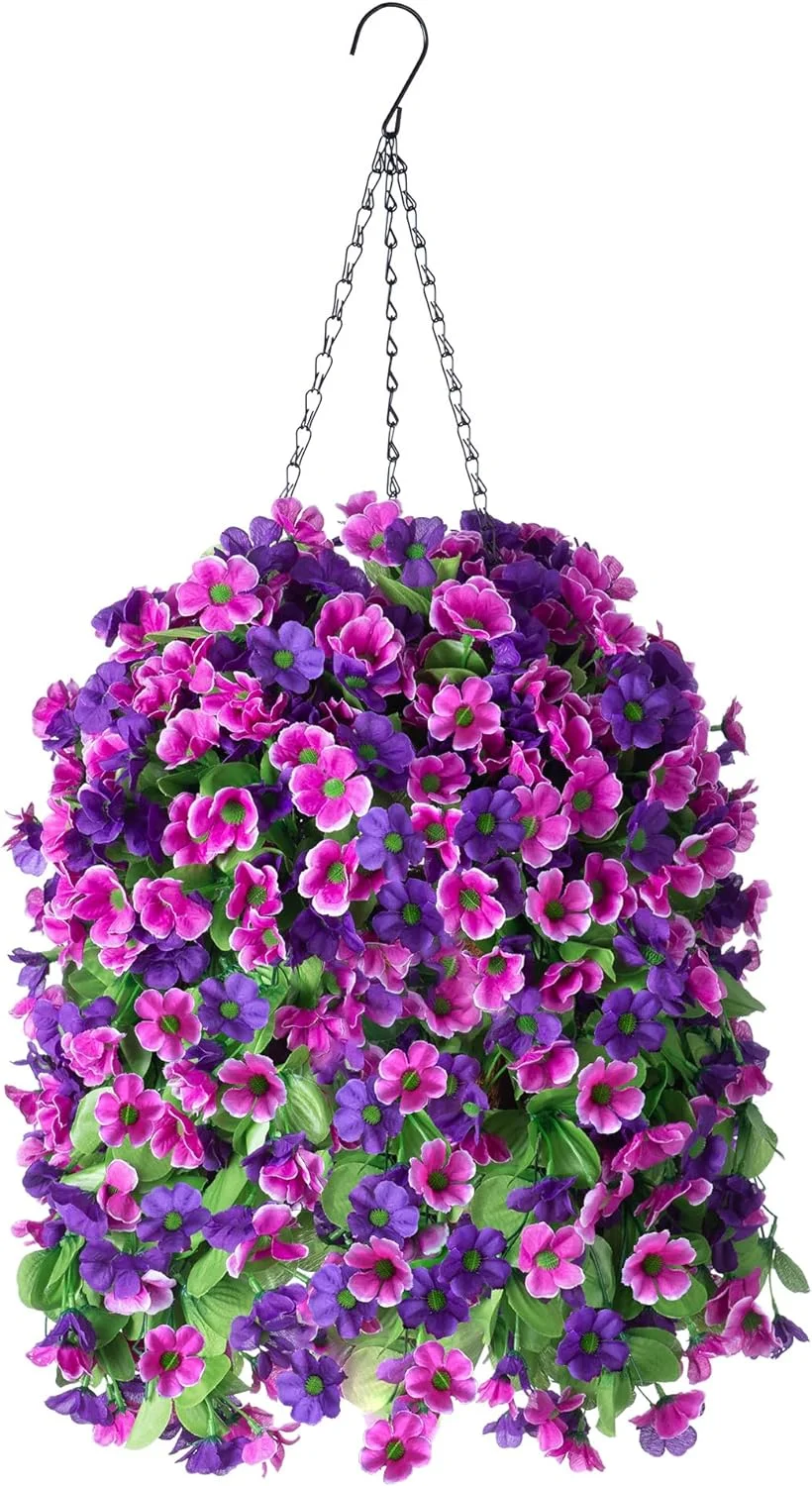 Artificial Hanging Flowers in 12 inch Basket, Fake Plant Silk Orchid Flower Arrangement with Coconut Lining Pot Planter for Patio Garden Porch Deck Spring Summer Decoration(Purple and Red lotus)