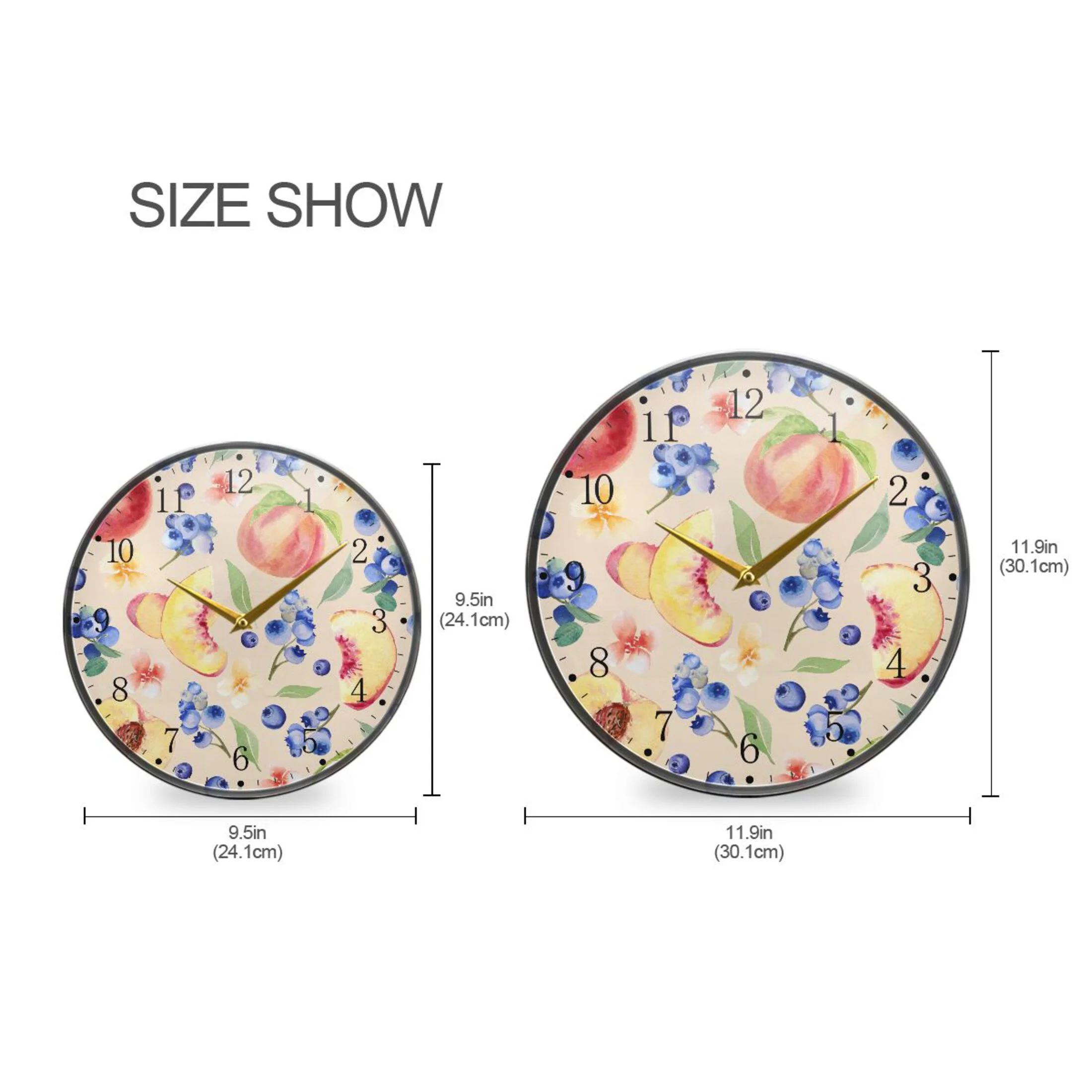 Watercolor Peach Fruit Acrylic Wall Clocks Quiet Round Clock Battery Operated Non-Ticking Clock for Bedroom Kitchen Office Decorative 11.9 Inch