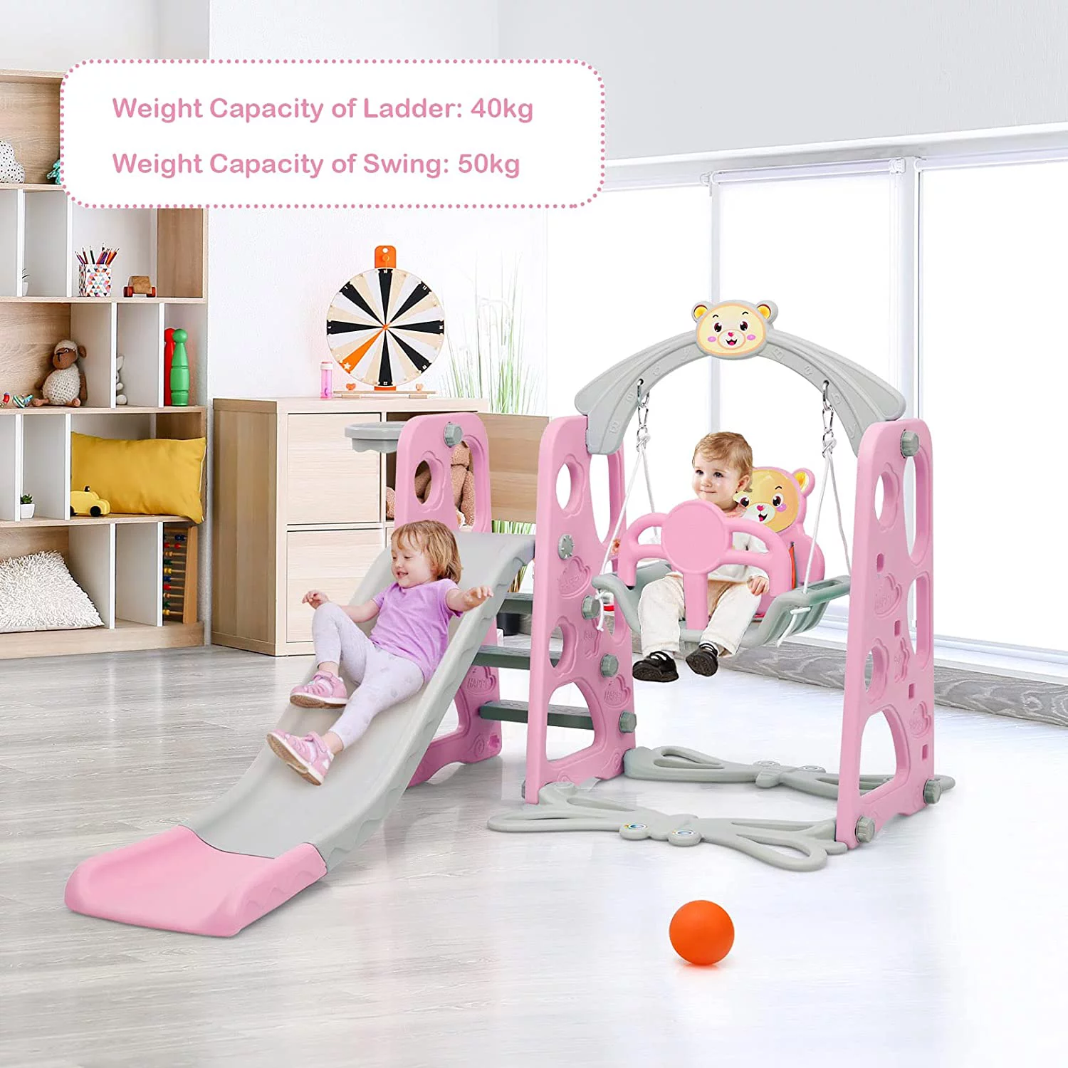 4 in 1 Toddler Swing and Slide Set for Indoor Outdoor Backyard, Kids/ Baby Play Climber Playset with Safety Belt, Basketball Hoop, Extra Long Slide and Ball (Pink Bear)