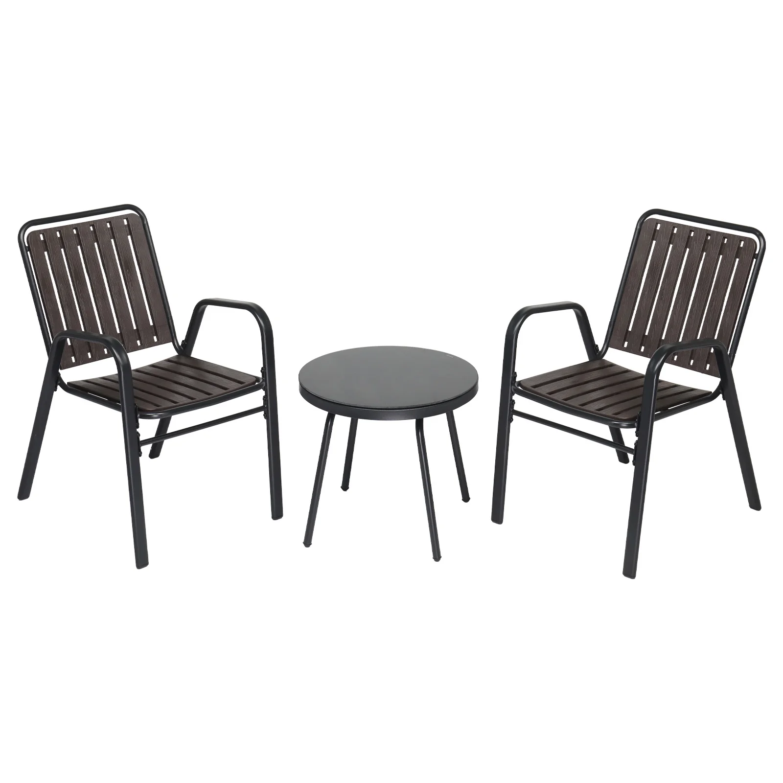 3-Piece Patio Bistro Set, Stackable Dining Chairs and Glass Table, Outdoor Furniture for Yard Balcony Porch, Black/Coffee