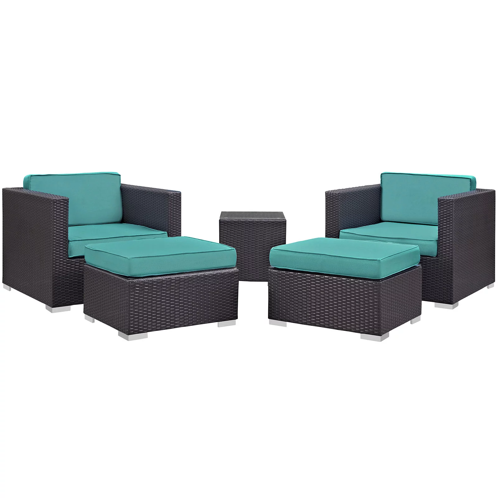 Modern Contemporary Five PCS Outdoor Patio Sectional Set, Blue, Fabric, Synthetic Rattan