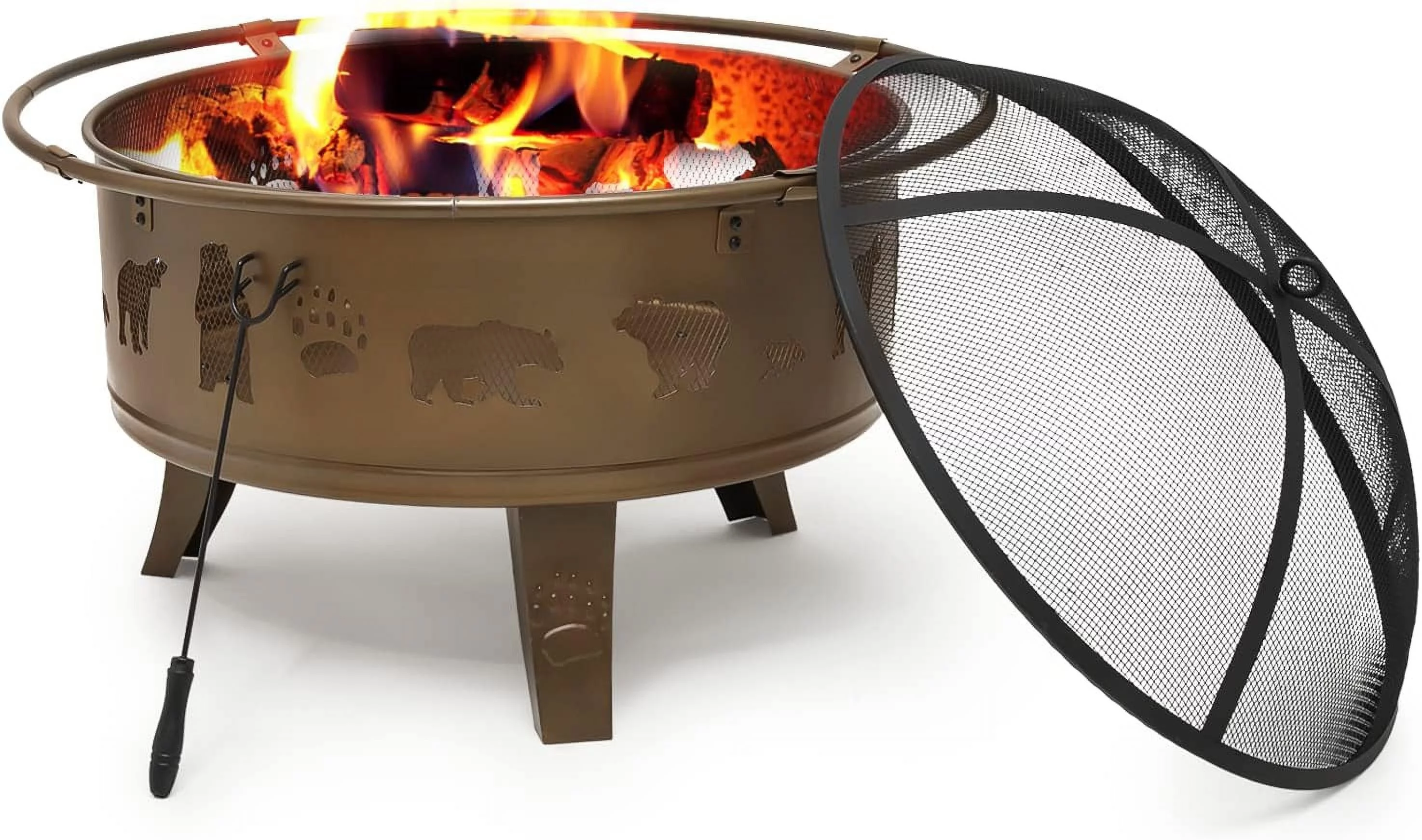 Outdoor Metal Outdoor Wood Burning Bear Pattern Round With Fireplace Charcoal Rack Mesh Cover For Backyard Patio, Gold