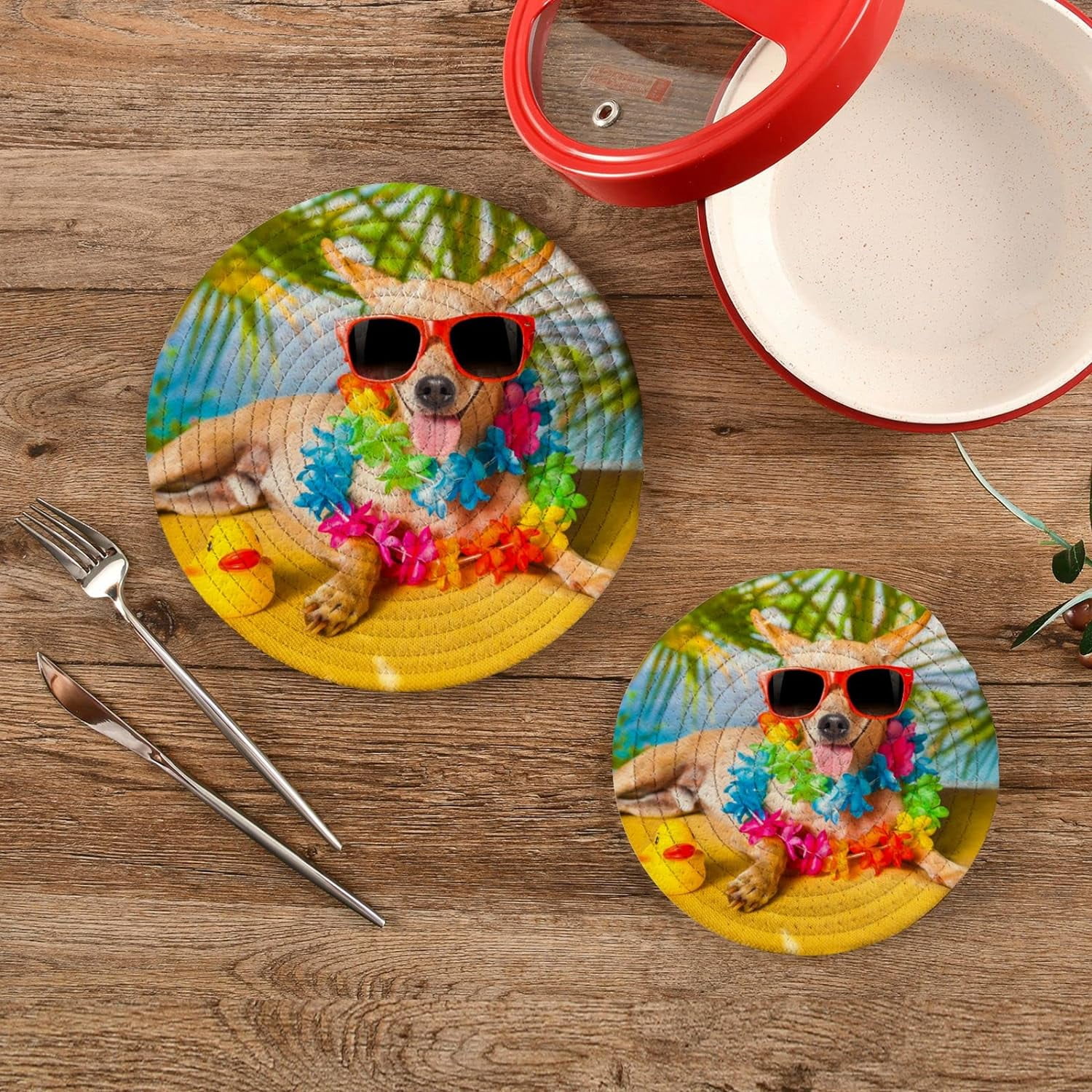 SKYSONIC Funny Doggy Flowers Pot Holders Trivets, 2 Pcs Heat Resistant Trivets,Summer Palm Tree Cotton Thread Weave Mats for Hot Pads Pans Pot Bowl Teapot for Kitchen Decor
