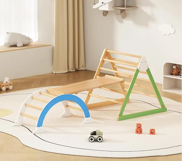 Indoor Climbing Triangle Ladder, 5 in 1 Wooden Climbing Gym and Climbing Arch Wood Playground, Montessori Climbing Children Gym Toys from 3 Years Old