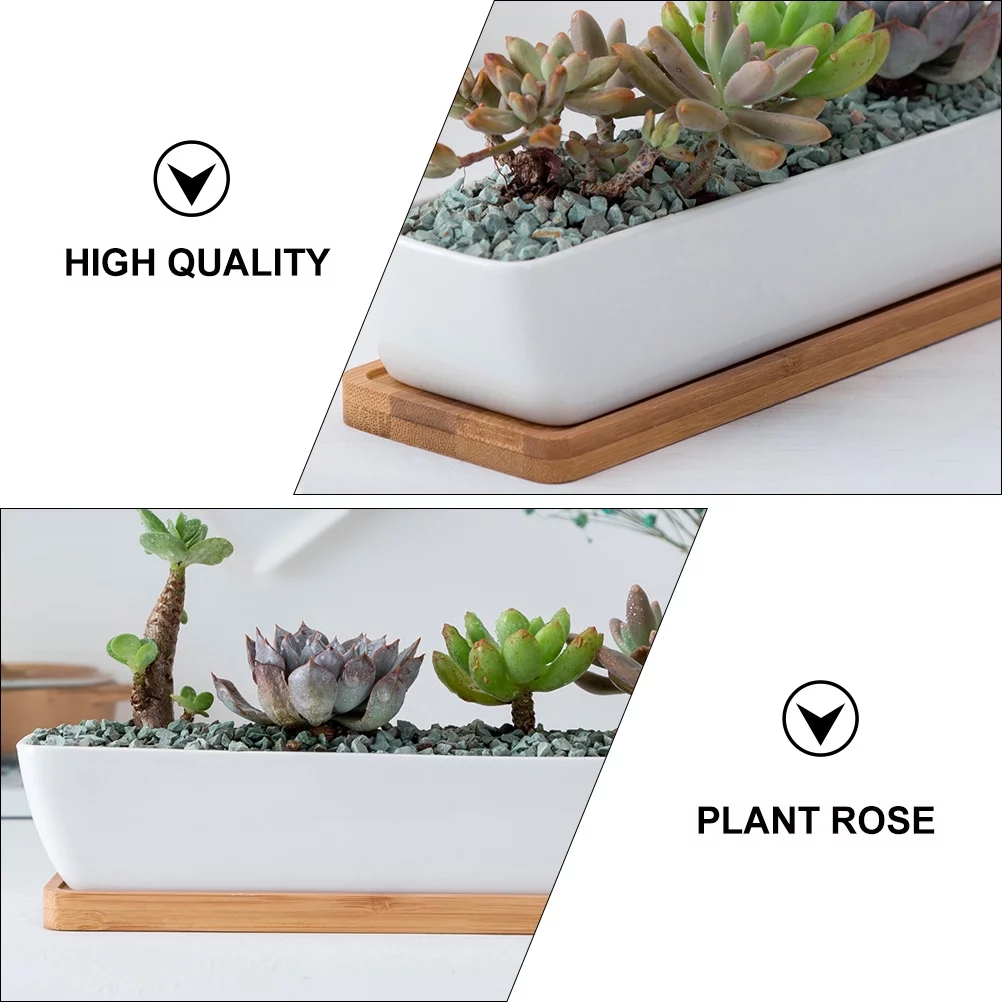 Guichaokj Rectangular Succulent Flowerpot Gardening Ceramic Plant Pot with Bamboo Saucer