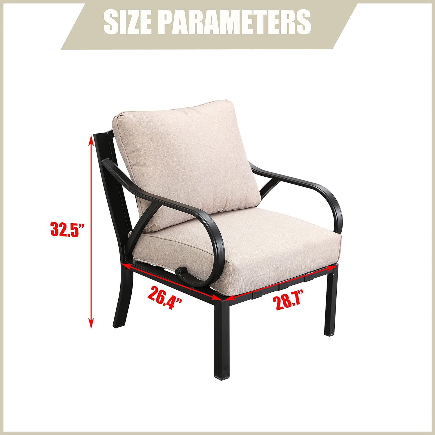 Outdoor Dining Chair Patio Bistro Furniture Metal Single Armchair with Cushion, Beige