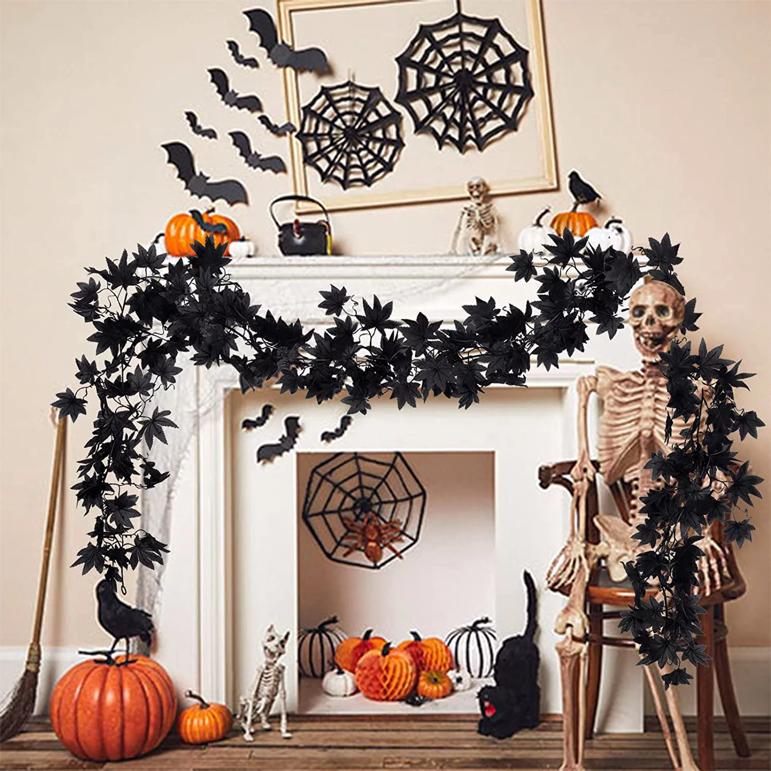 Black Garland Artificial Fall Maple Leaf Garland Hanging Vines Garland Decor for Home Autumn Thanksgiving Holiday