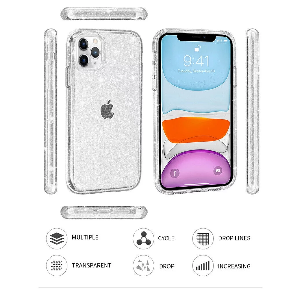GW USA Clear Case Compatible with iPhone 15 Case, Shockproof Thin Silicone Cover, Yellowing-Resistant Slim Transparent TPU Phone Case, Clarity Series, Clear Silver Glitter