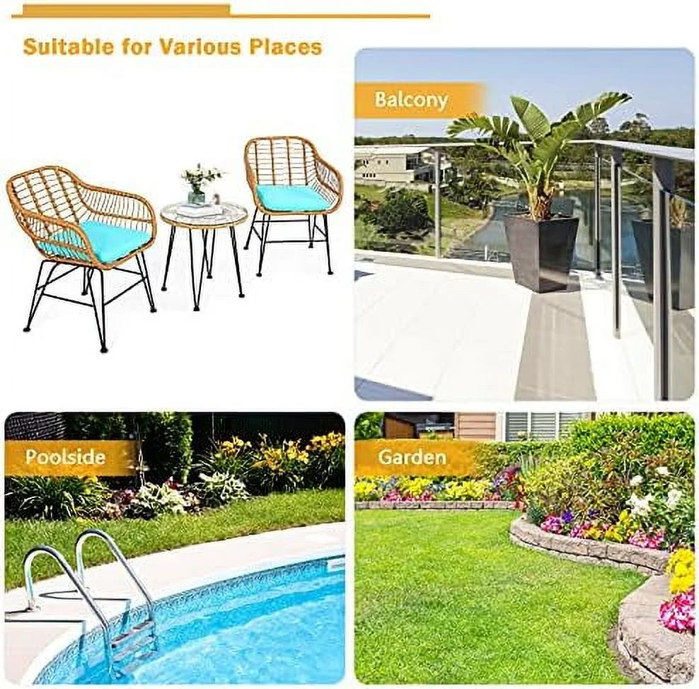 TQNJYGX 3 Pieces Rattan  with Steel Frame Round Coffee Table  Soft Cushions  Rattan Bistro  Set