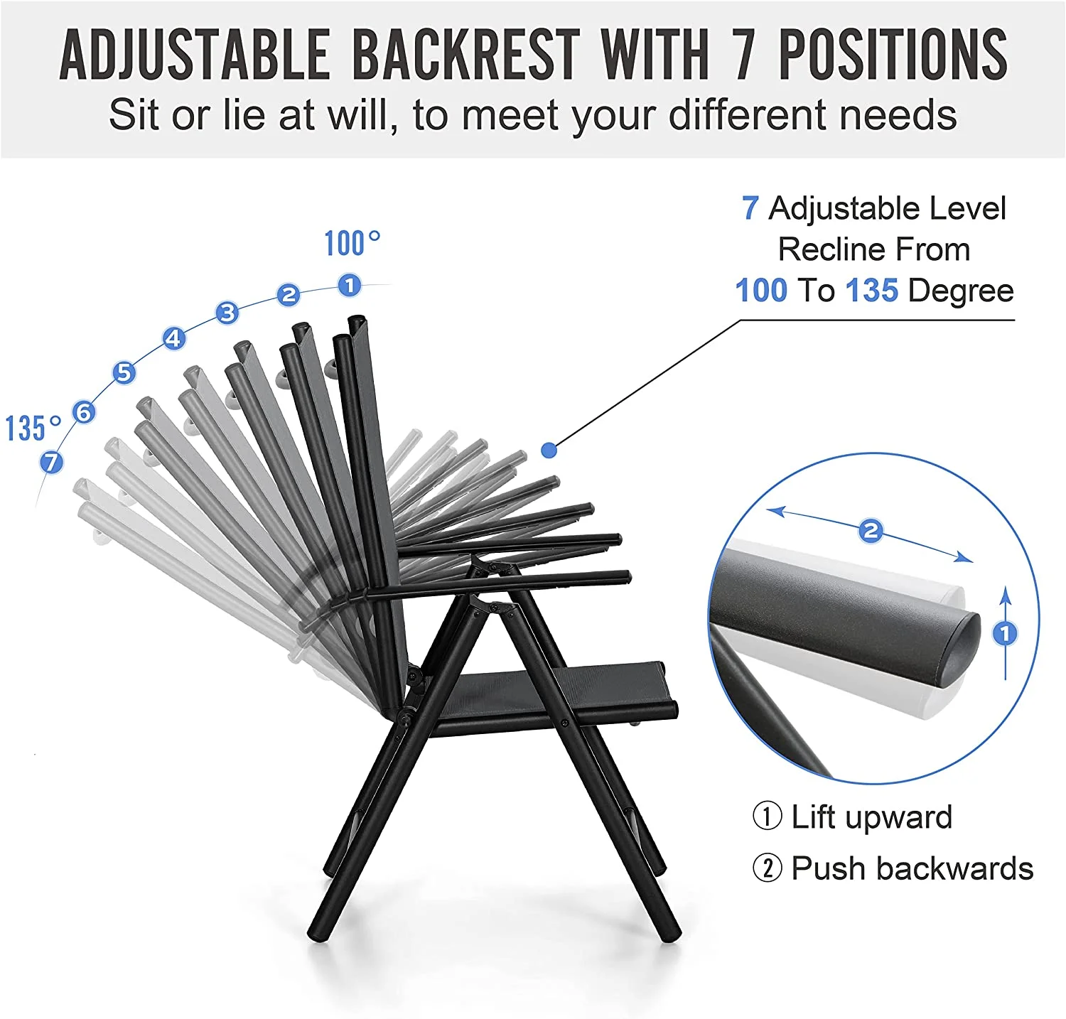 VILLA 7 PCs Outdoor Patio Dining Set  6 Adjustable Folding Reclining Sling Chair with Armrest & 1 Rectangle Patio Dining Table with 1.57" Umbrella Hole (Black)