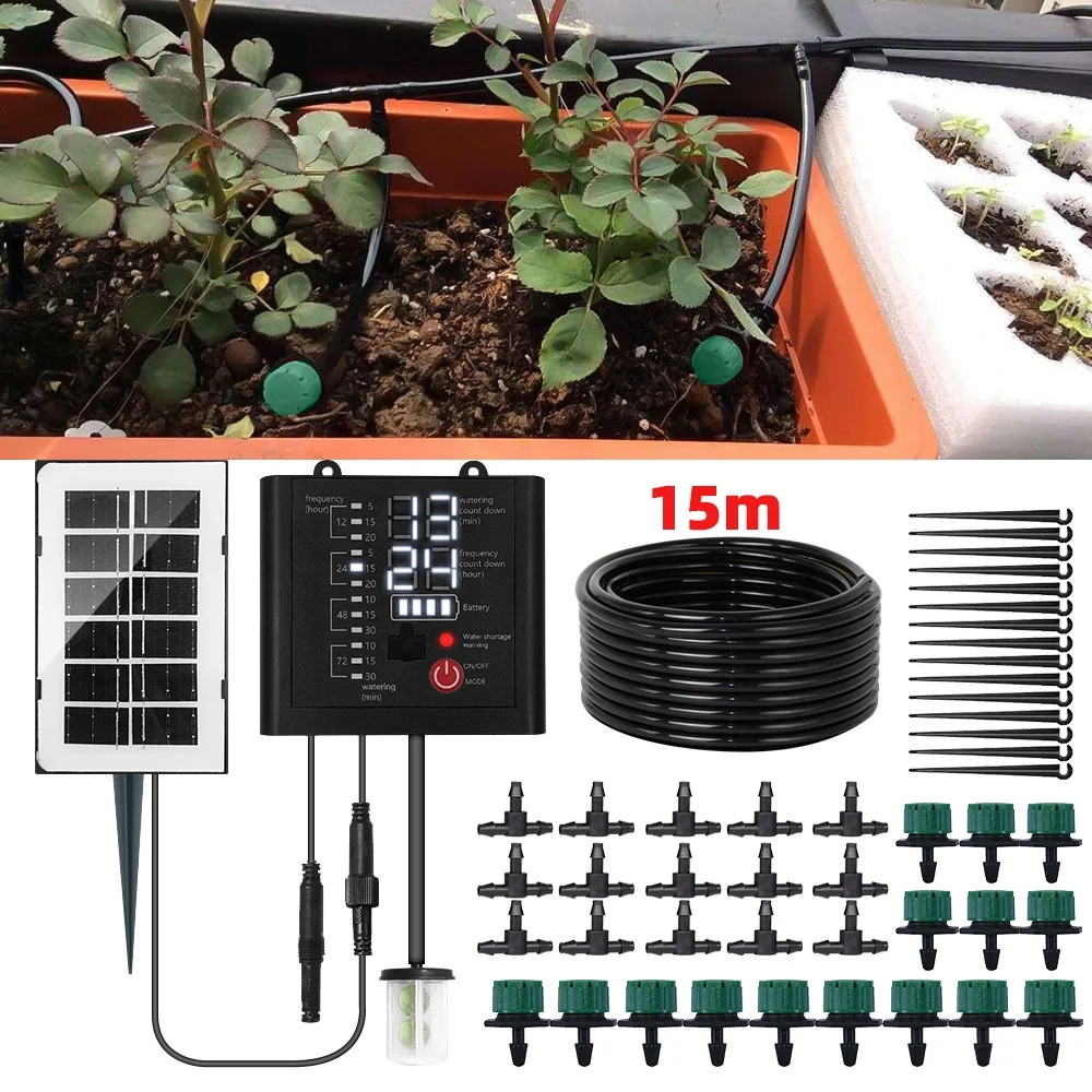 Solar Automatic Drip Irrigation Kit System,Kepeak Self Watering Devices Supported 15Pots with 12 Timing Modes, Irrigation System for Indoor and Outdoor,Balcony Patio & Garden