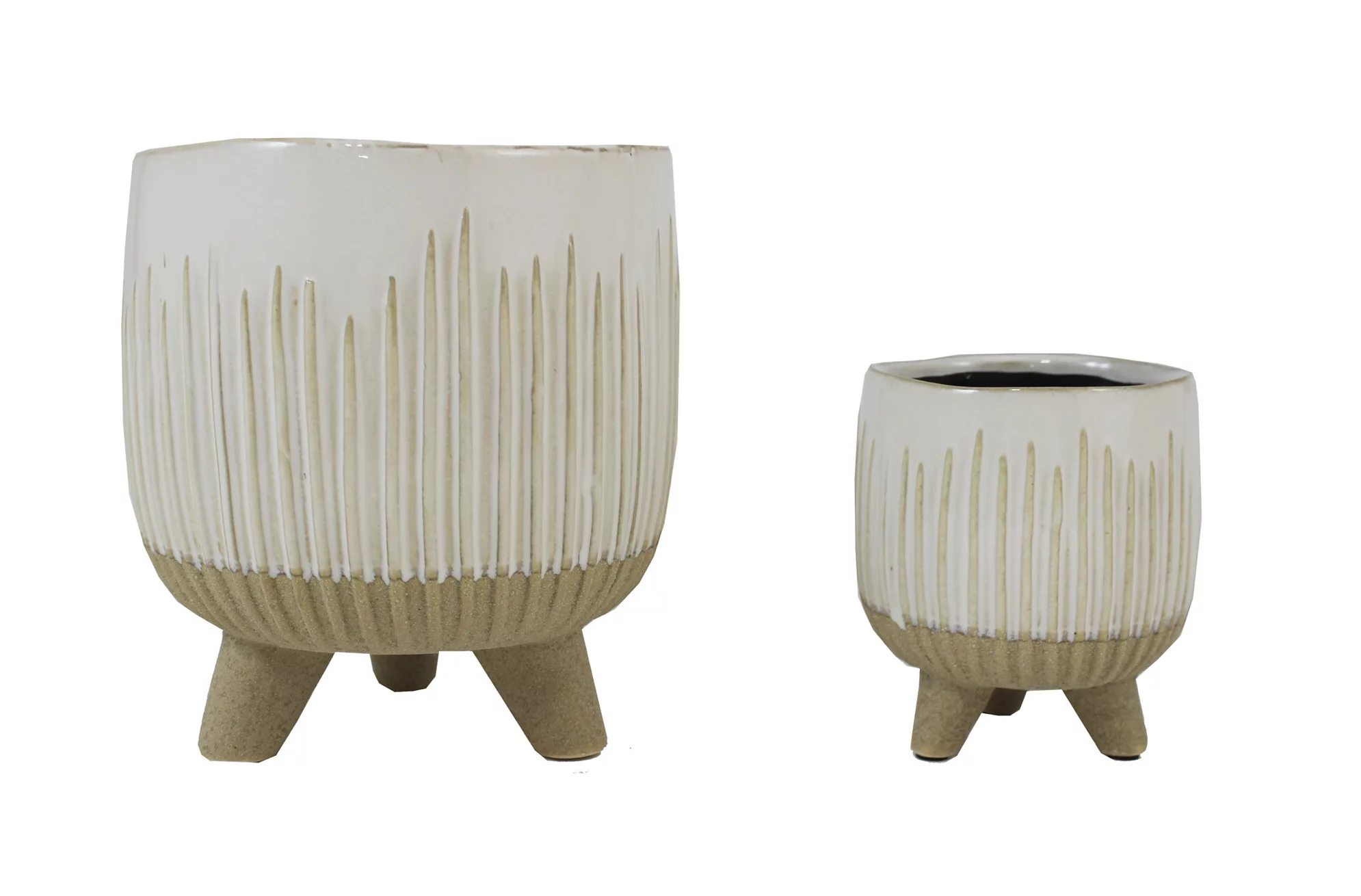 2 PCS Nesting White And Brown Ceramic Pot Lined Pattern Floral Planter Pot Set