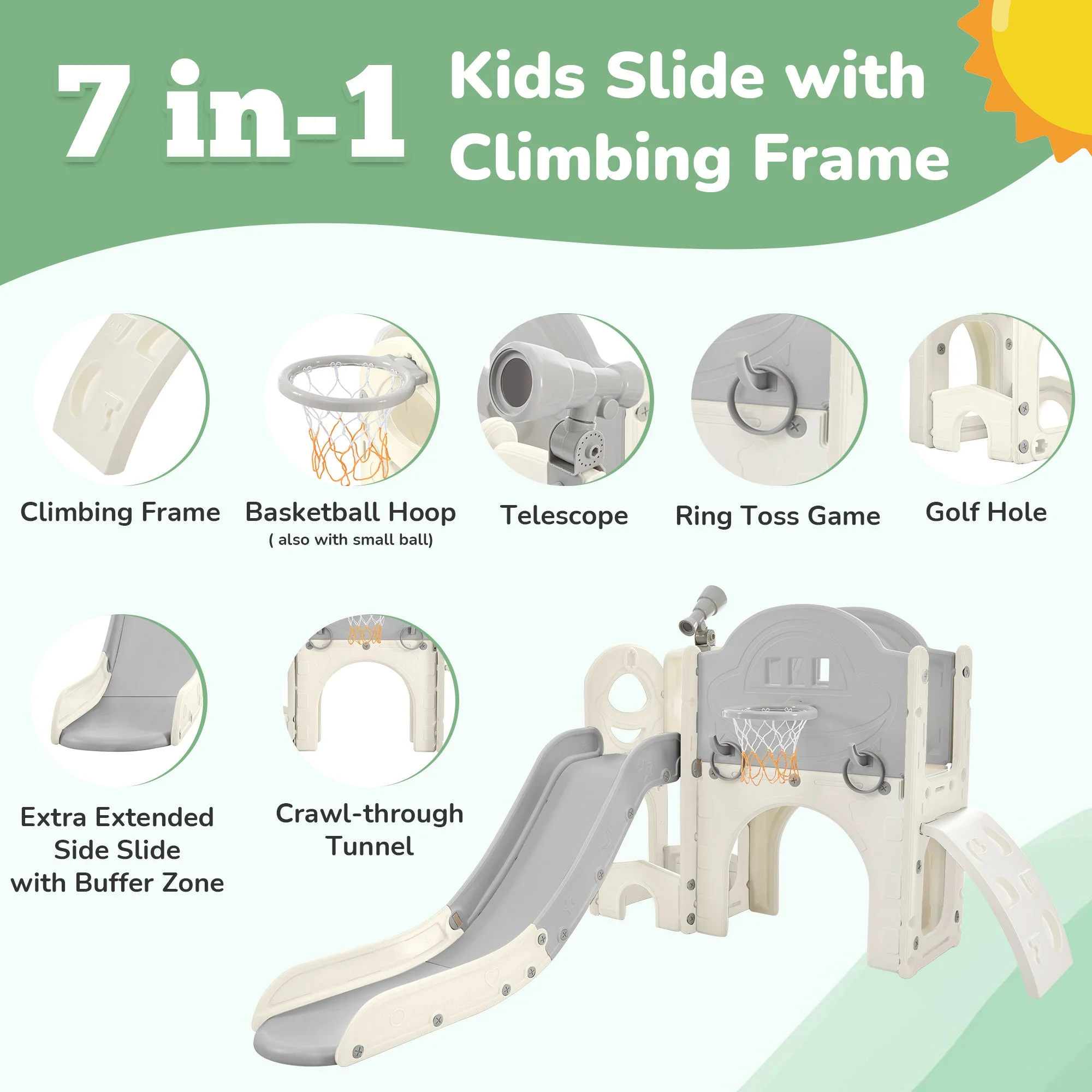 Kids Slide Playset Structure 7 in 1, Freestanding Spaceship Set with Slide, Arch Tunnel, Ring Toss and Basketball Hoop